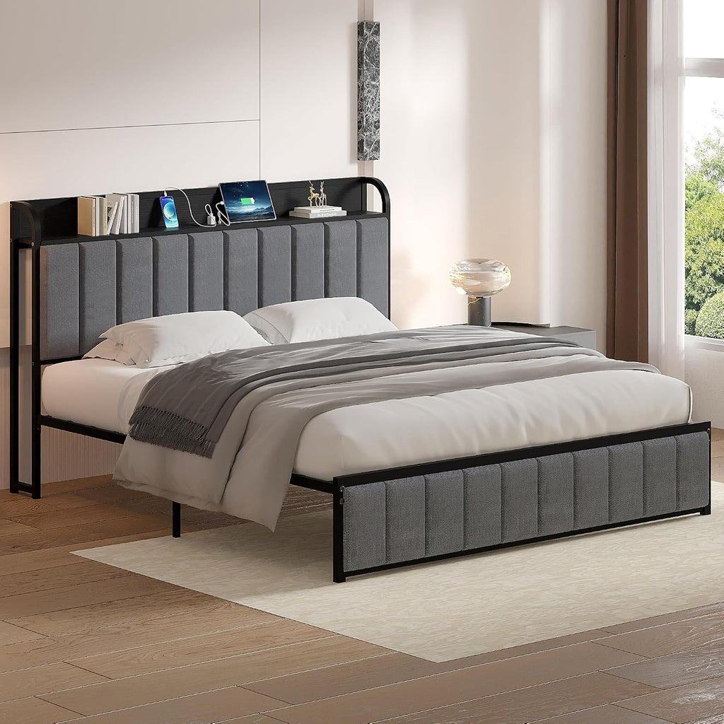 VECELO Queen Bed Frame, Storage Upholstered Headboard with Charging Station, Platform Bedframe, Heavy Duty Metal Slats, No Box Spring Needed, Noise-Free, Easy Assembly, Classic Grey
