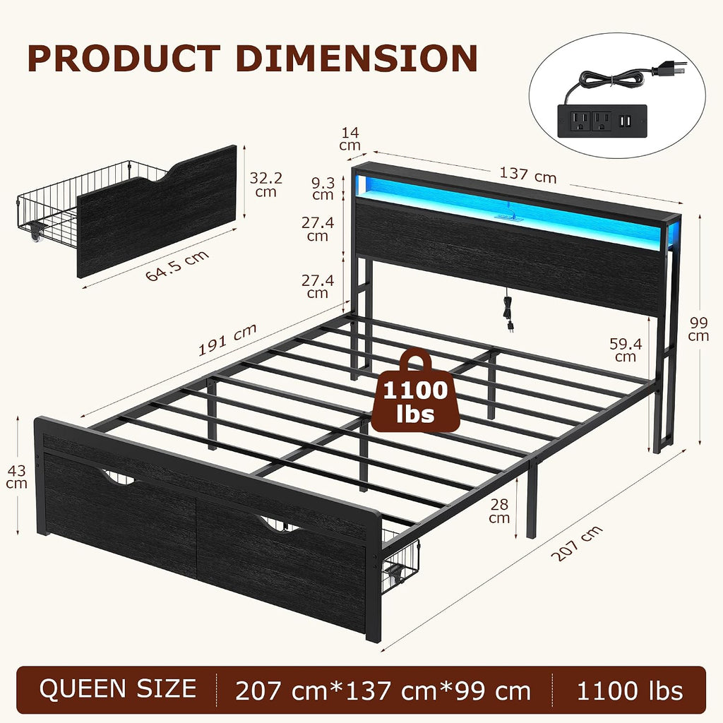 FAVOOSTY Full Size Metal Platform Bed Frame with 2-Tier Headboard, 2 Storage Drawers, LED Lights and Charging Station, Noise Free, No Box Spring Needed, Easy Assembly, Black