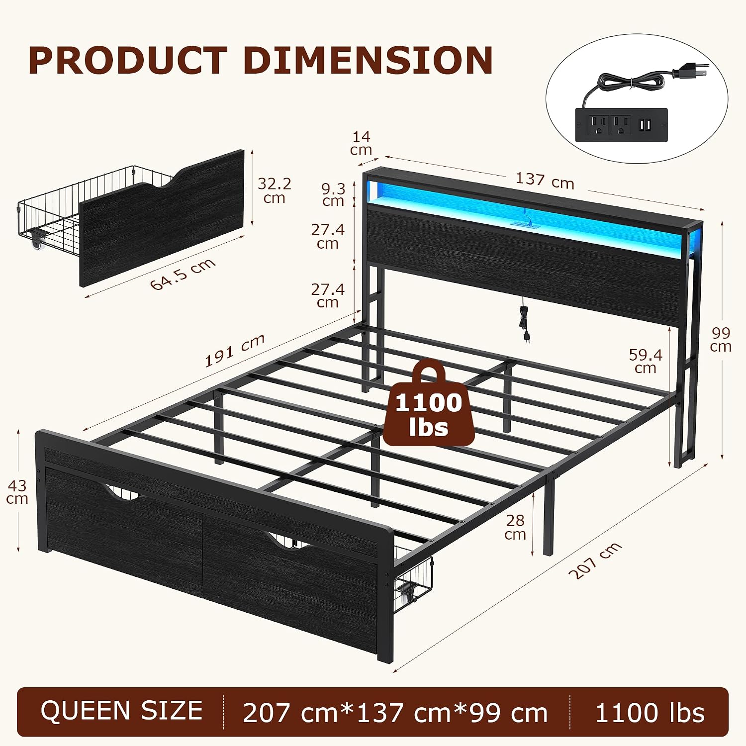 FAVOOSTY Full Size Metal Platform Bed Frame with 2-Tier Headboard, 2 Storage Drawers, LED Lights and Charging Station, Noise Free, No Box Spring Needed, Easy Assembly, Black