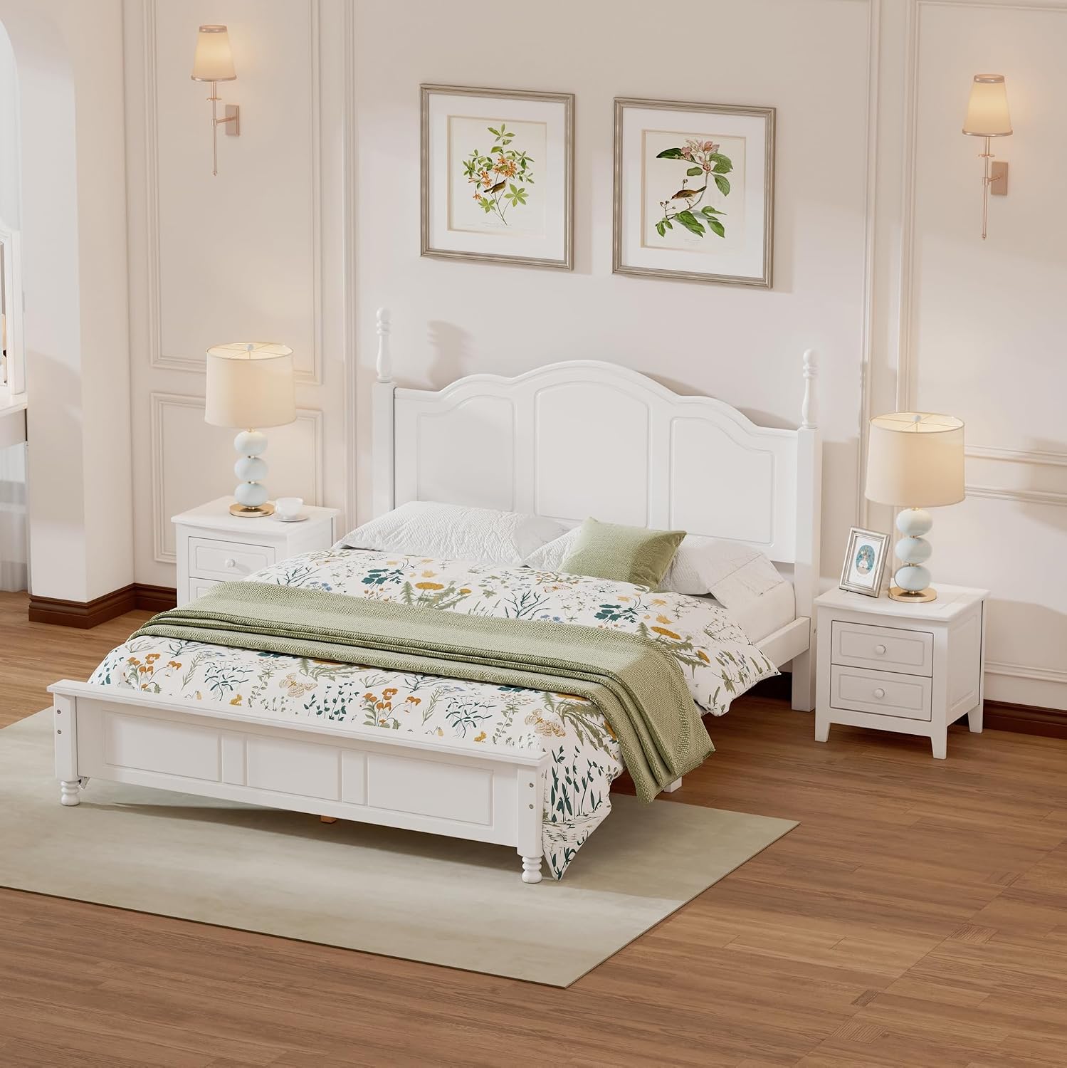 Flieks 3-Pieces Bedroom Sets,Queen Size Wood Platform Bed Frame for Boys Girls Kids Adults Toddler and Two Nightstands-White