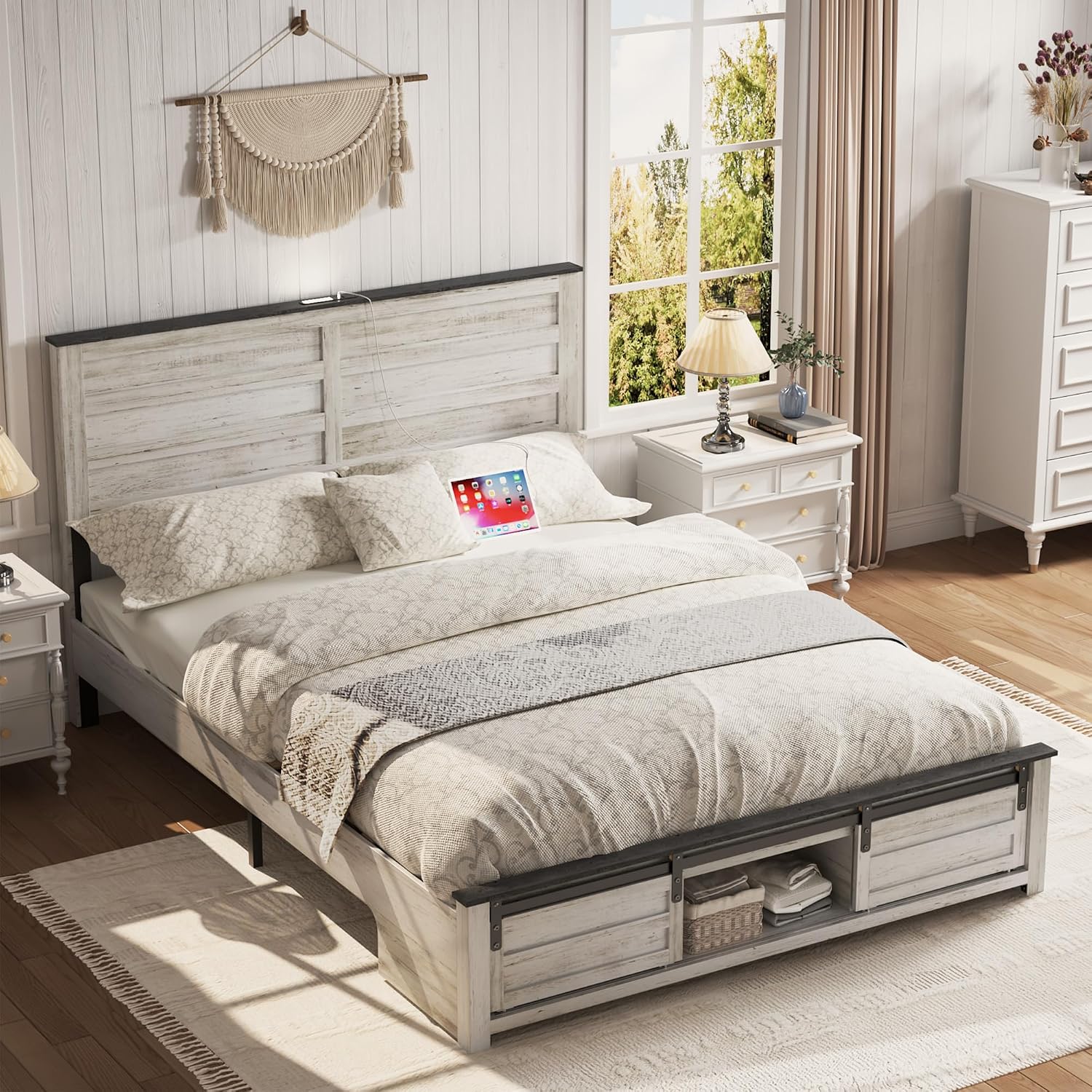 Wooden Bed Frame King Size with Headboard & Sliding Barn Door Storage Footboard, Farmhouse Platform Bedframe with Charging Station and LED Lights, No Box Spring Needed, Boho White