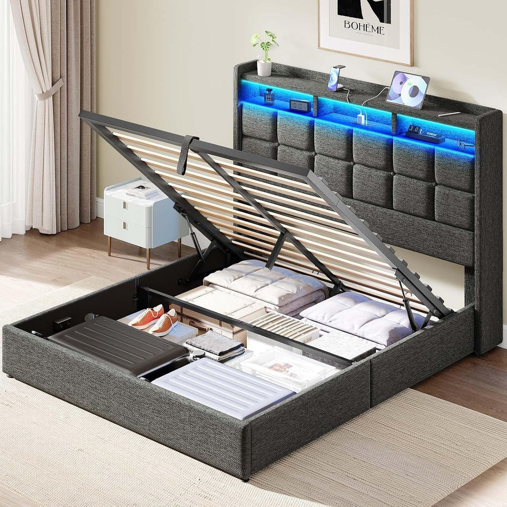 Driftalia Lift Up Full Size Bed Frame with Storage, Upholstered Full Bed Frame with LED Lights Headboard and Charging Station, No Box Spring Needed, Easy Assembly - Dark Grey