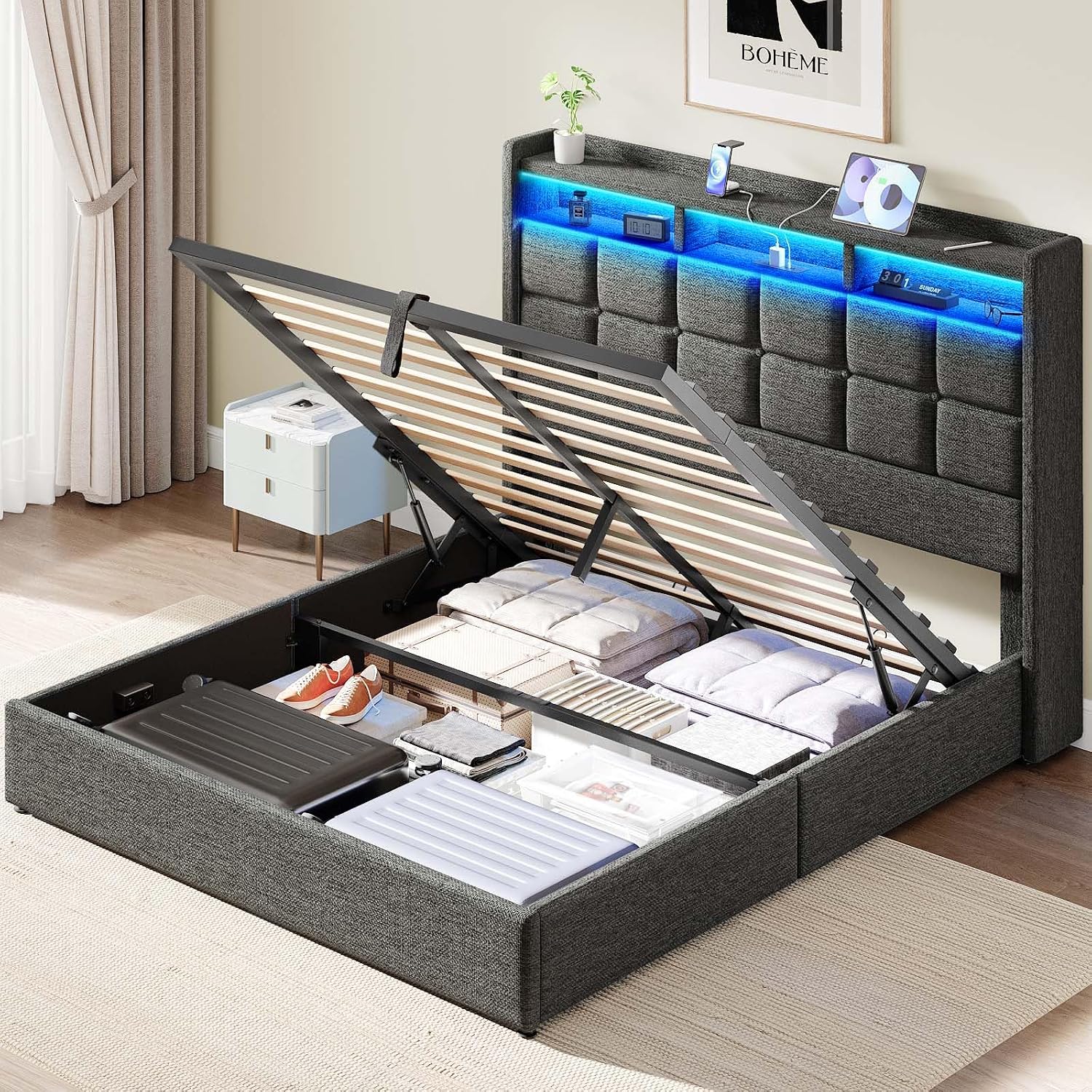 Driftalia Lift Up Queen Bed Frame with Storage, Upholstered Bed Frame Queen Size with LED Lights Headboard and Charging Station, No Box Spring Needed, Easy Assembly - Dark Grey