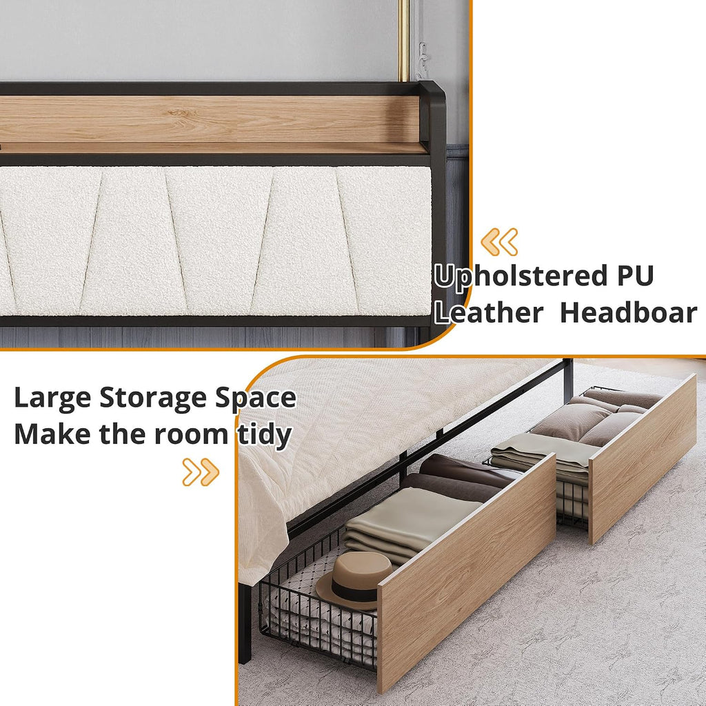 LIKIMIO King Size Bed Frame, Storage Headboard with Charging Station, Platform Bed with Drawers, No Box Spring Needed, Easy Assembly, Wood and Cream