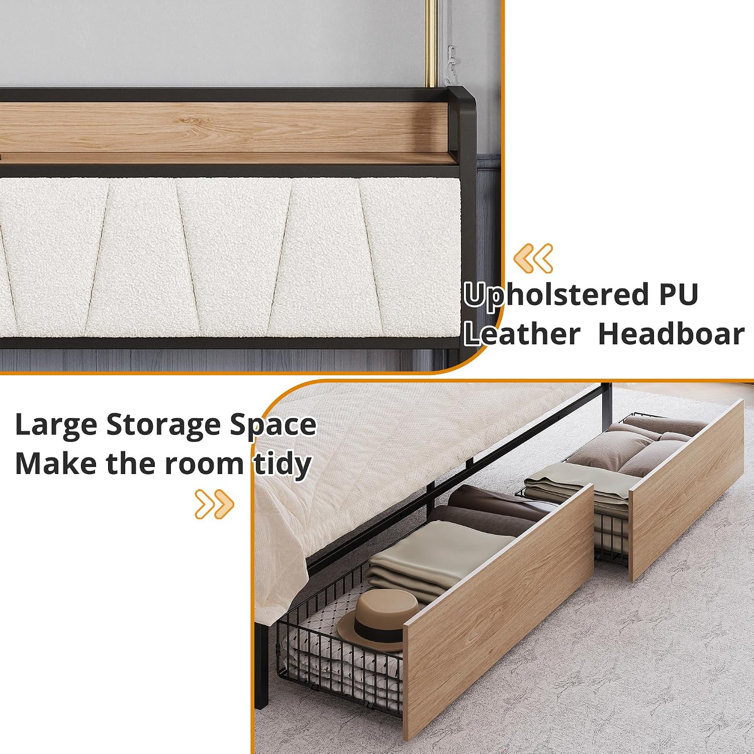 LIKIMIO King Size Bed Frame, Storage Headboard with Charging Station, Platform Bed with Drawers, No Box Spring Needed, Easy Assembly, Wood and Cream