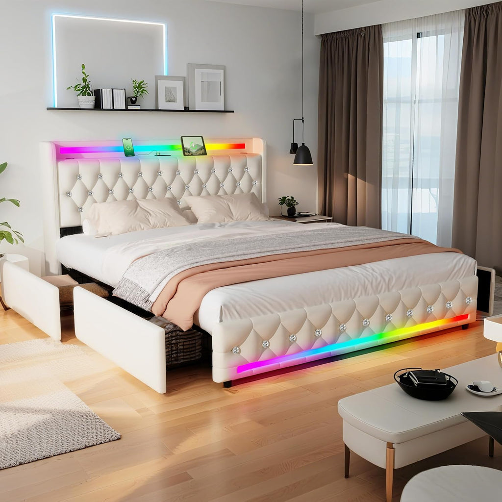Juego 5-in-1 LED Light Queen Bed Frame with Bluetooth Speakers,Upholstered Platform Bed with USB & Type-C Charging Station,4 Drawers Storage and Wooden Slats Support,Velvet Bed with Headboard,Beige