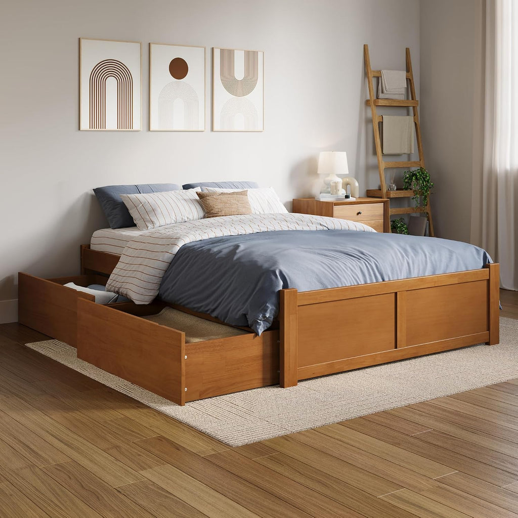 AFI Concord Full Solid Wood Platform Bed with Footboard & Storage Drawers in Light Toffee