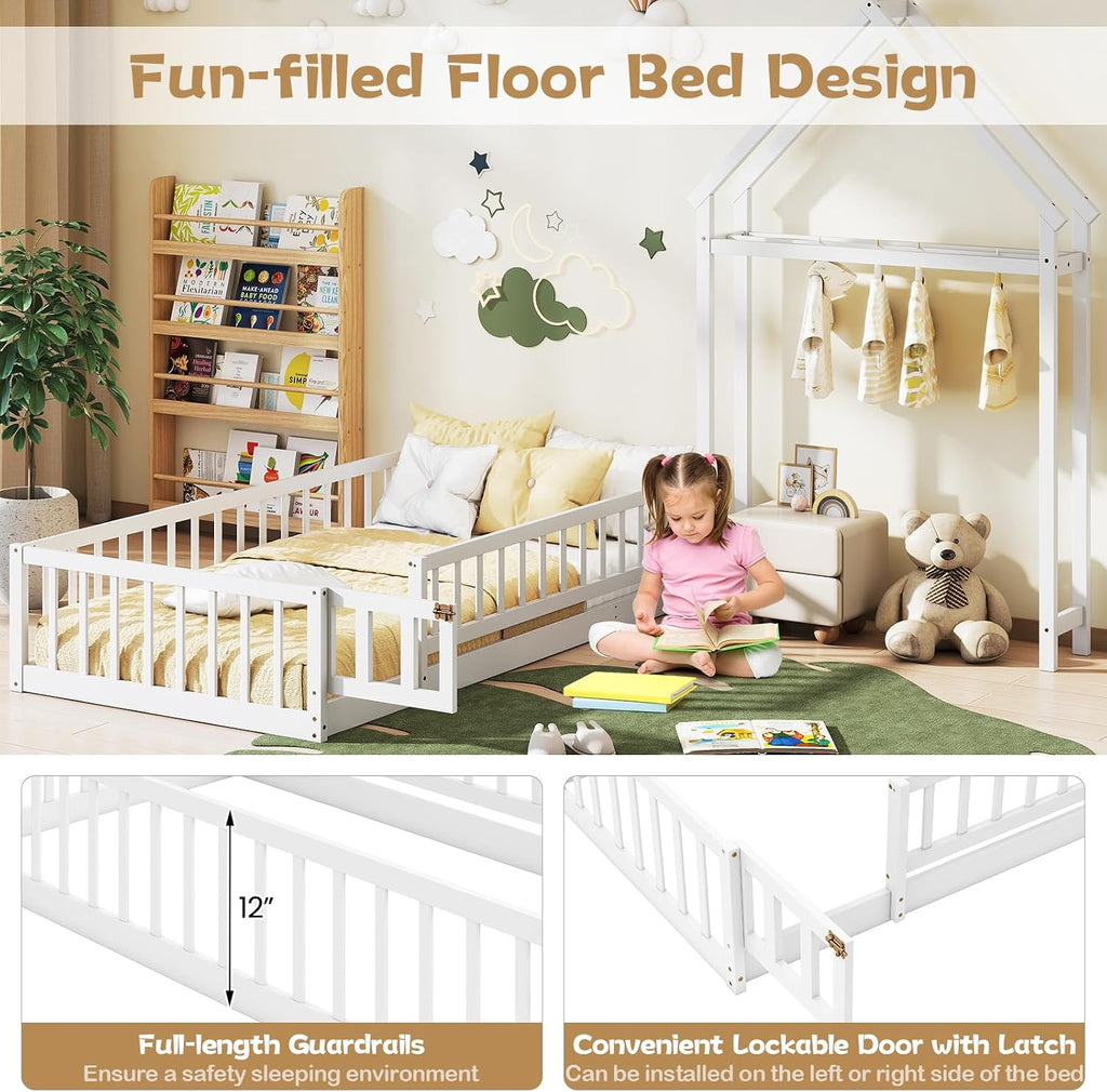 KOMFOTT Twin Size Floor Bed with House-Shaped Headboard, Kids Montessori Floor Bed with Detachable Clothes Hanger, Full Length Safety Guardrails, Door & Latch, Solid Wood Floor Bed Frame