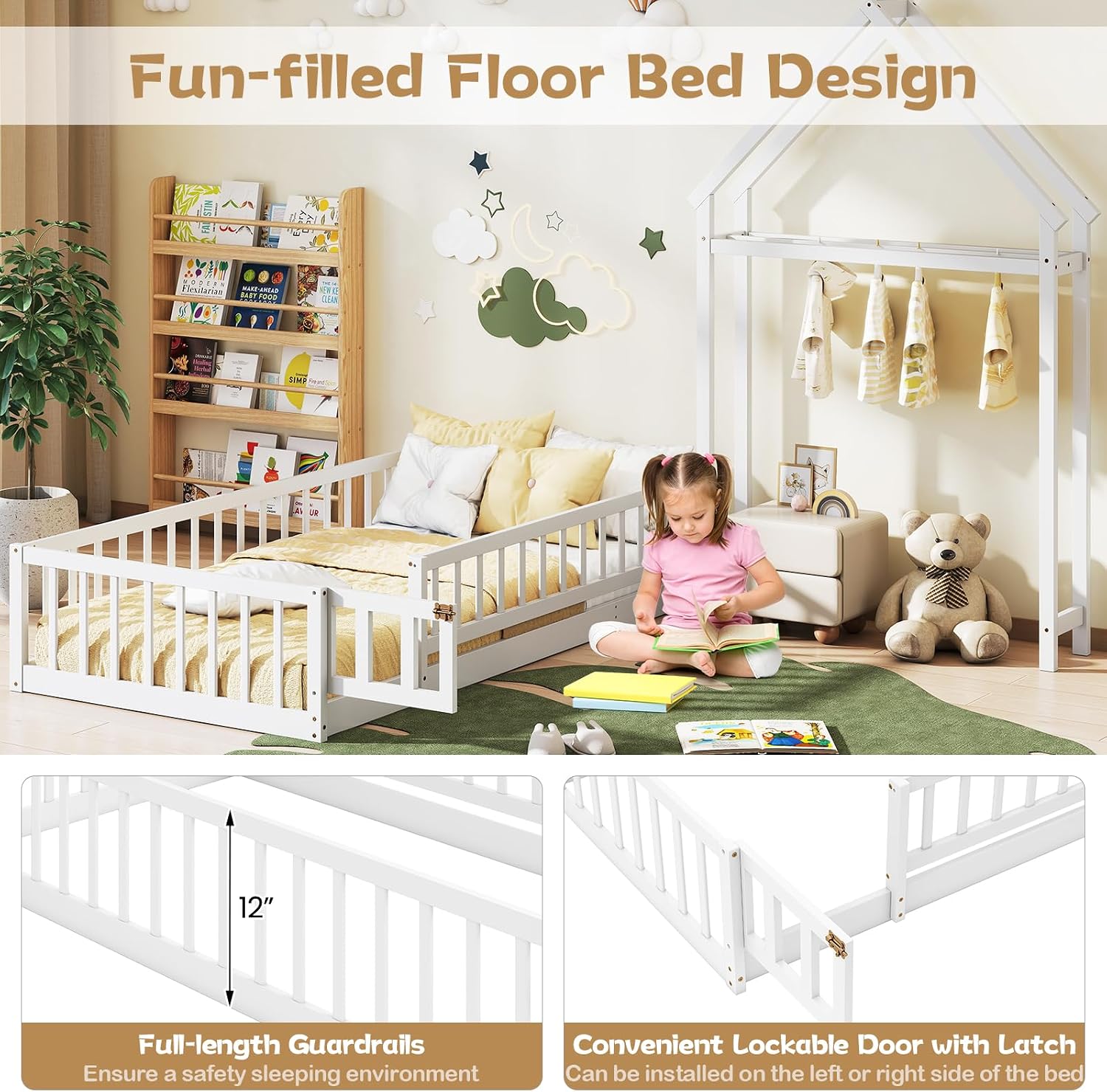 KOMFOTT Twin Size Floor Bed with House-Shaped Headboard, Kids Montessori Floor Bed with Detachable Clothes Hanger, Full Length Safety Guardrails, Door & Latch, Solid Wood Floor Bed Frame