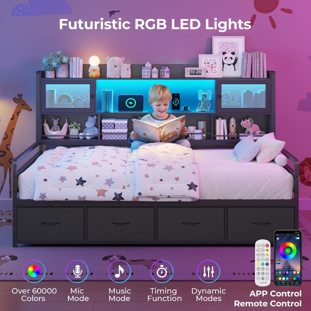 BTHFST Twin Daybed with 4 Storage Drawers & 3-Tier Bookshelf, Day Bed with RGB LED Lights & Charging Station, Corner Bed Frame with Storage Headboard for Bedroom, Living Room, Guest Room, Black