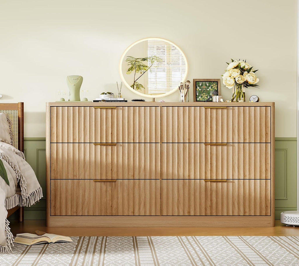 TEENFON Fluted 6 Drawer Dresser for Bedroom, Wide Modern Chest of Drawers with Metal Handle, Curved Profile Design, Wood Closet Clothes Storage Organizer for Bedroom, Hallway, Natural