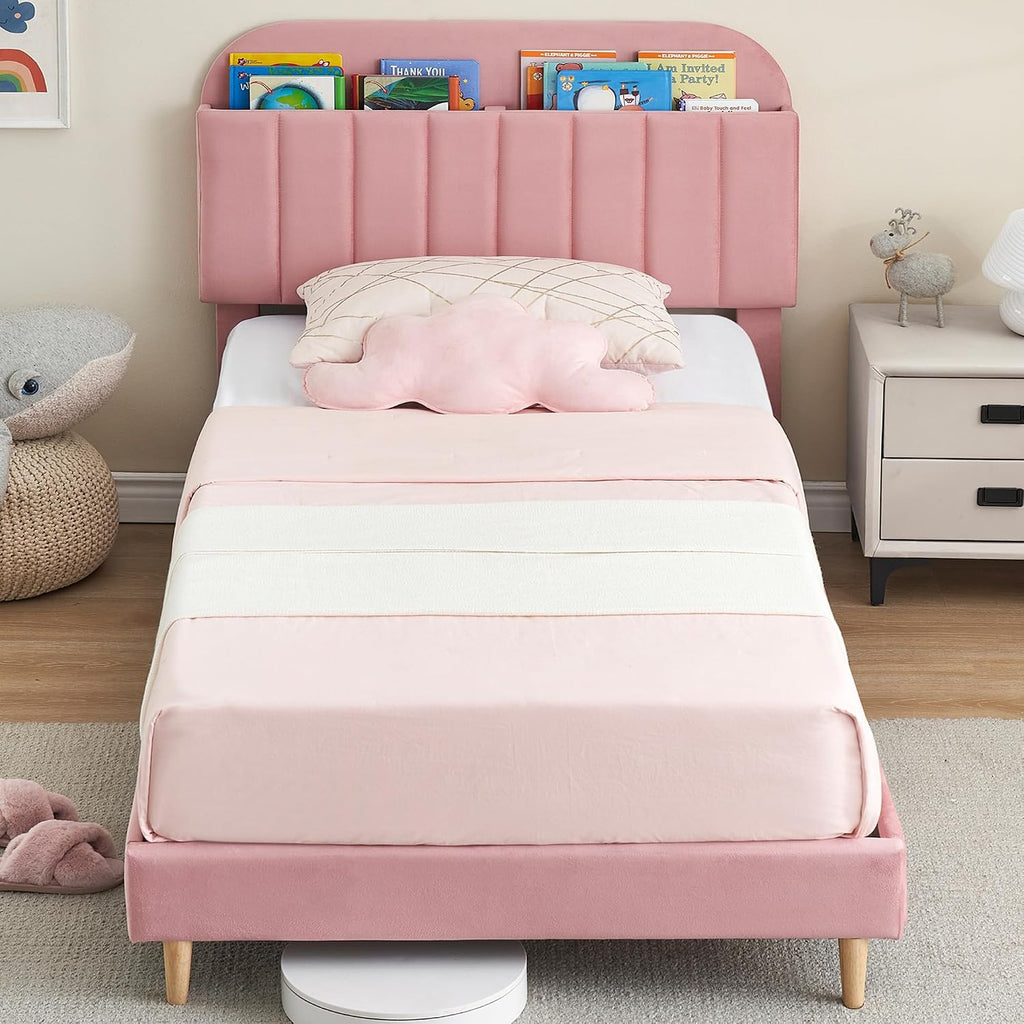 IDEALHOUSE 2PCS Twin Bed Frames, Upholstered Platform Bed Frame with Bookcase Headboard, Velvet Platform Bed Mattress Foundation, Heavy Duty Steel Support Legs, Easy Assembly, Noise Free, Light Pink