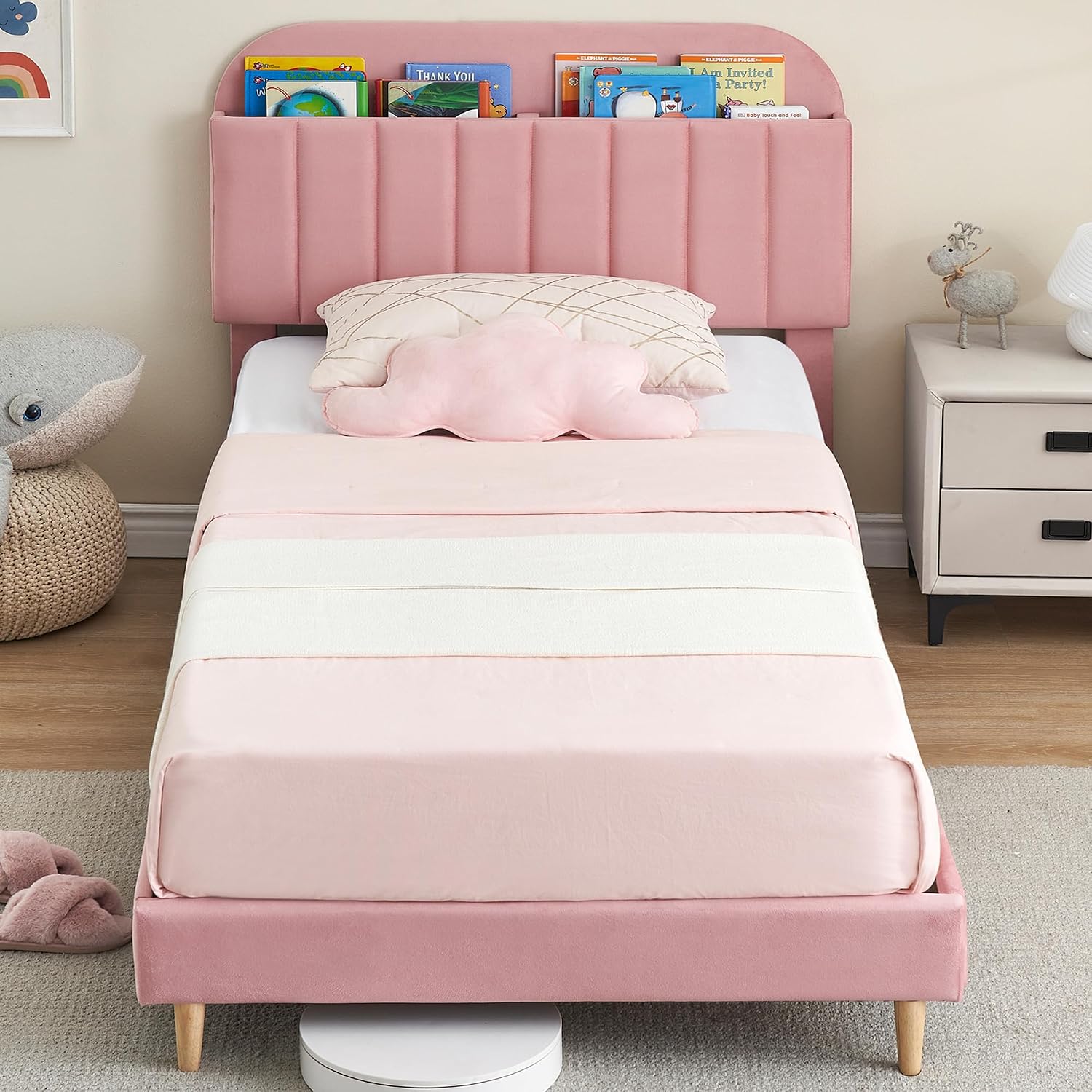 IDEALHOUSE 2PCS Twin Bed Frames, Upholstered Platform Bed Frame with Bookcase Headboard, Velvet Platform Bed Mattress Foundation, Heavy Duty Steel Support Legs, Easy Assembly, Noise Free, Light Pink