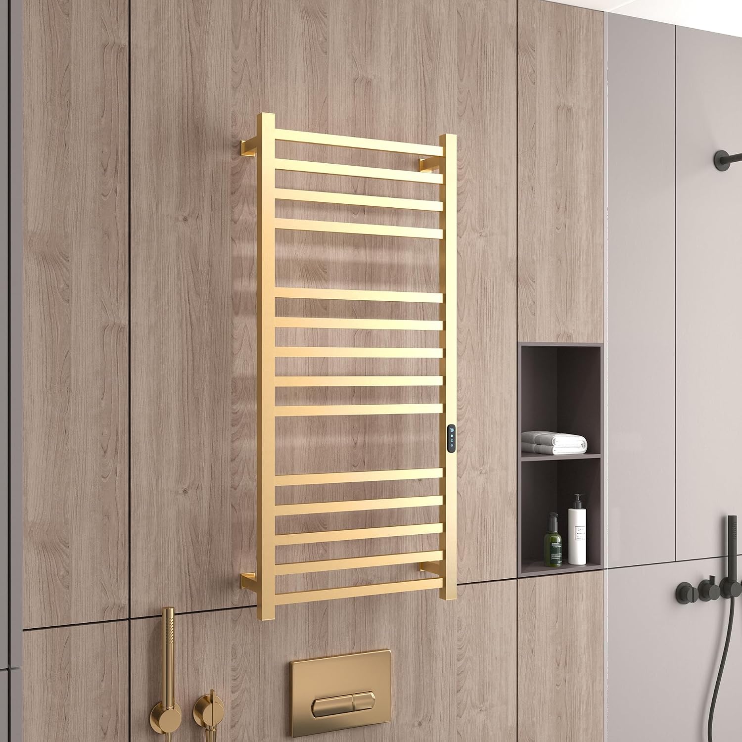 14 Bars Luxury Towel Warmers Wall Mounted Heated Towel Rack, Towel Warmer for Bathroom with Timer & Temperature Multi-Level Adjustable, Hardwired and Plug-in Compatible (Brushed Gold)