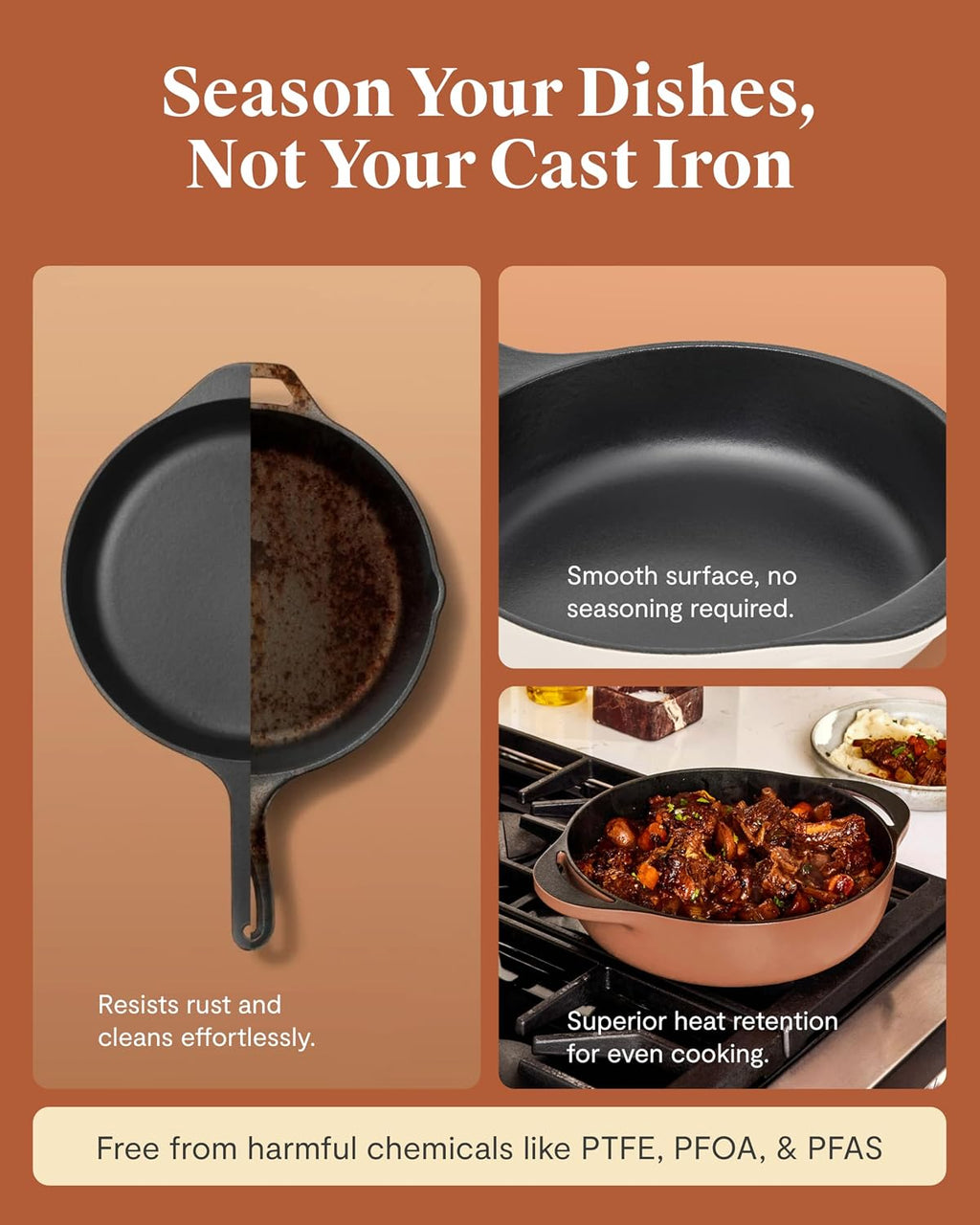 Caraway 10.5' Cast Iron Skillet and 3.5qt Braiser Pan Duo - 3 Layer Enamel Coating - No Seasoning Required - Compatible With All Stovetops - Oven Safe - Free From Forever Chemicals - Cream