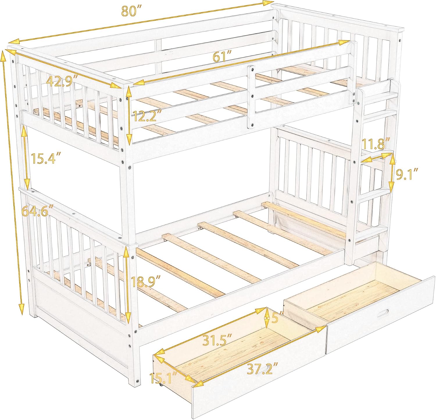 Harper & Bright Designs Twin-Over-Twin Bunk Bed with Two Storage Drawers, Solid Wood Twin Size Bunk Bed with Guardrial and Removble Ladder, Can be Converted Into 2 Separate Beds, Grey