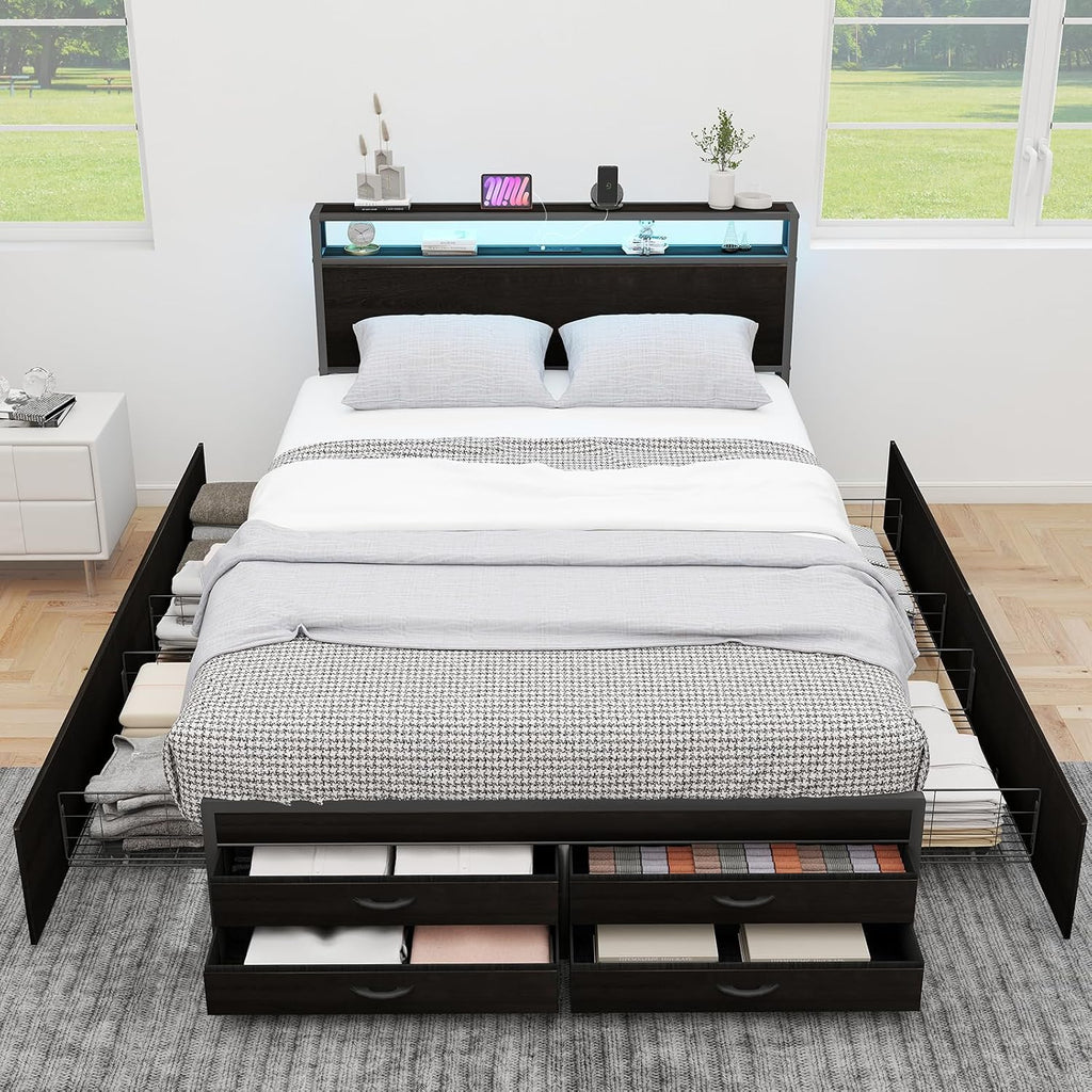 Zevemomo Queen Bed Frame with 8 Storage Drawers, Queen Metal Bed Frame with LED Light and Charging Station, Heavy Duty Metal Slats, No Box Spring Needed, Black