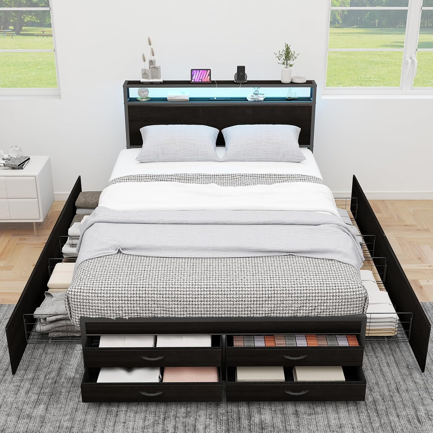 Zevemomo Queen Bed Frame with 8 Storage Drawers, Queen Metal Bed Frame with LED Light and Charging Station, Heavy Duty Metal Slats, No Box Spring Needed, Black