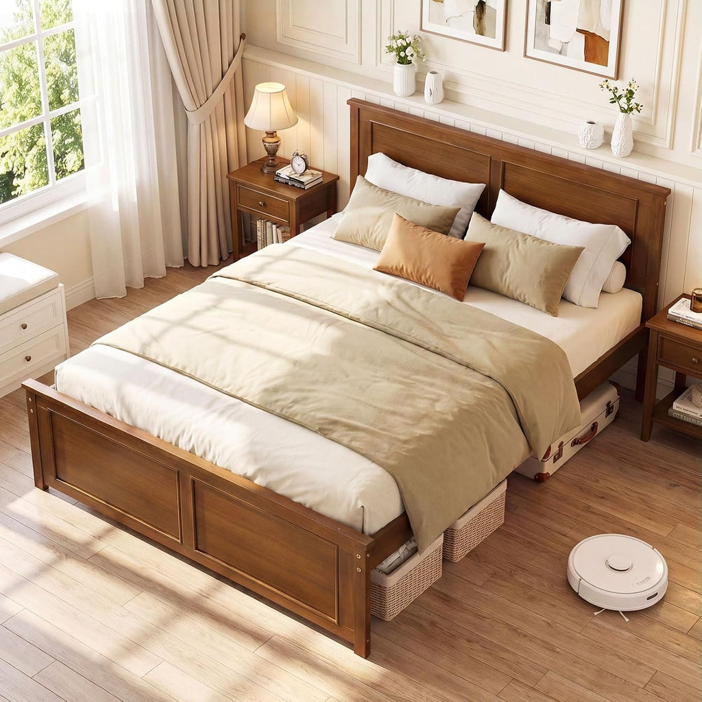 Giantex Wood Full Size Bed Frame with Headboard, Farmhouse Solid Platform Bed w/Wooden Slat Support Mattress Foundation, Under-Bed Storage, No Box Spring Needed, Walnut
