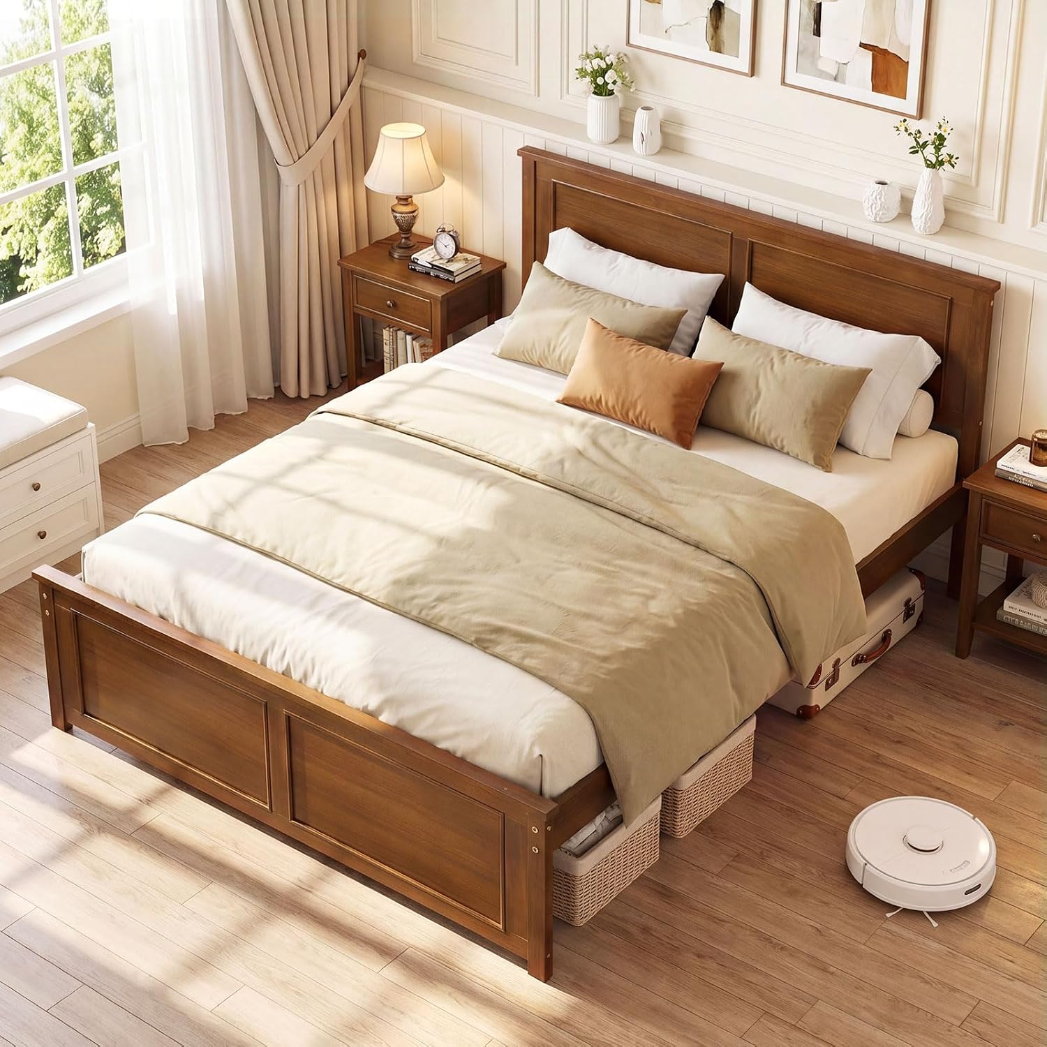Giantex Wood Full Size Bed Frame with Headboard, Farmhouse Solid Platform Bed w/Wooden Slat Support Mattress Foundation, Under-Bed Storage, No Box Spring Needed, Walnut