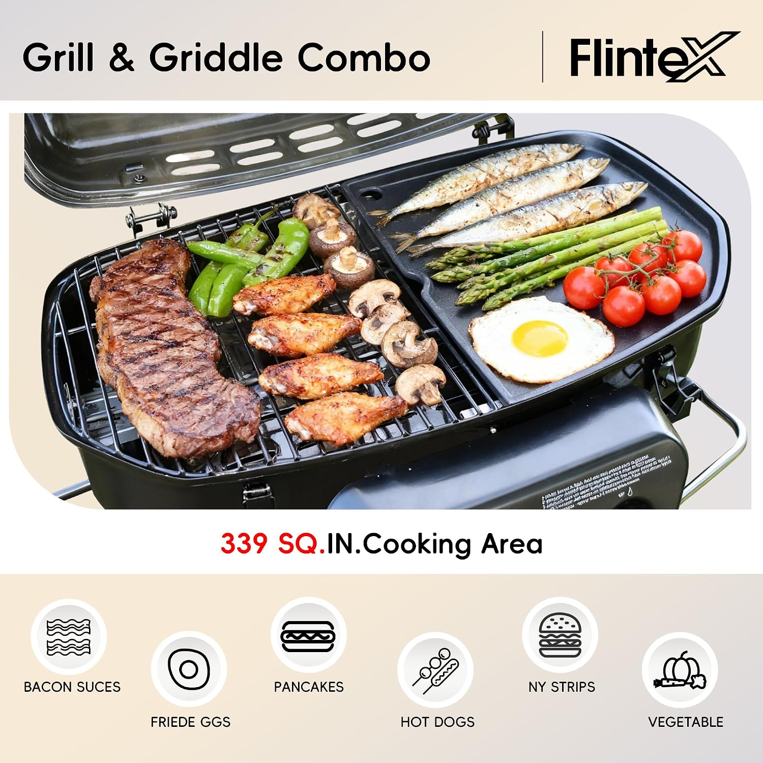Flintex 2-Burner Portable Propane Gas Grill, Foldable 2-in-1 Camping Propane Grill with Porcelain-Enameled Griddle & Grill Grate for Outdoor Camping Picnics Backyard Cooking, Black