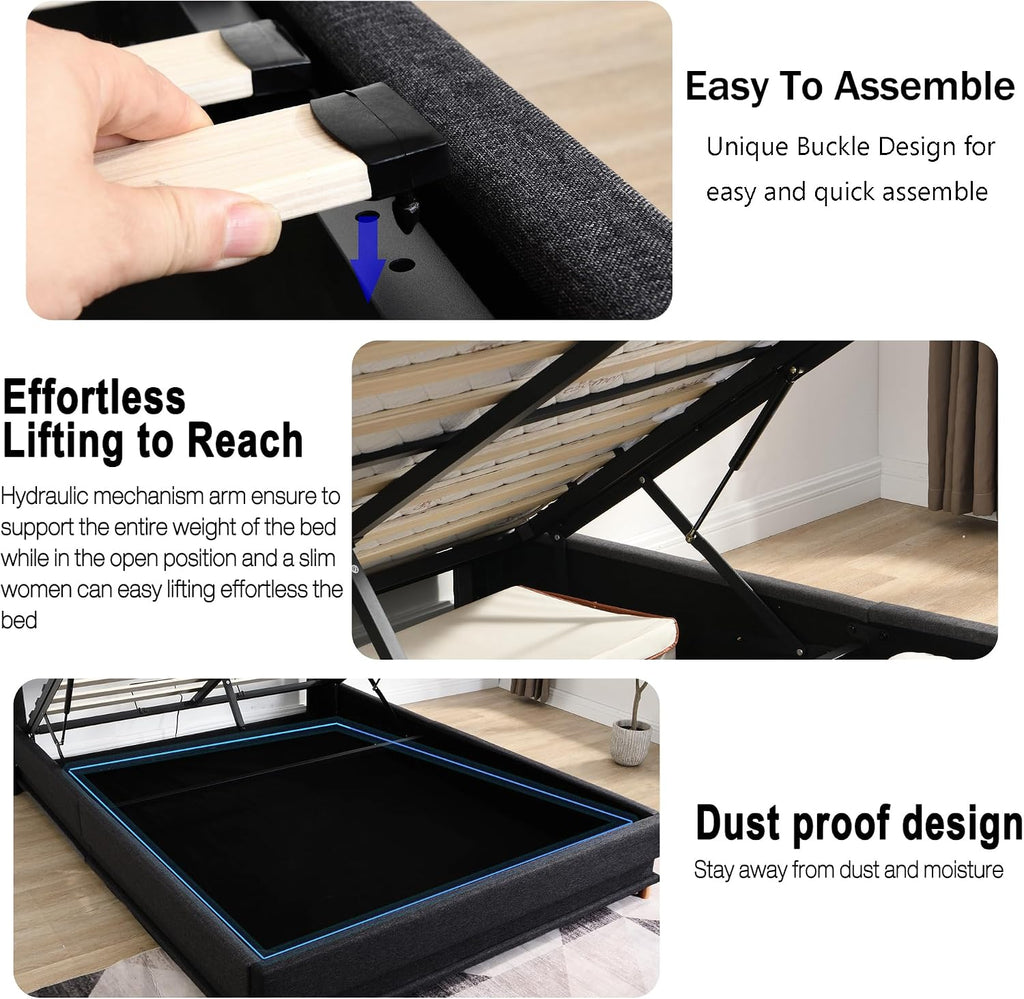 Ailisite Lift Up Storage Bed Full, Bed Frame Full Size with Charging Station & Led Lights, Upholstered Storage Bed with Wingback 2-Tier Bookcase Headboard, Hydraulic Lift, No Box Spring Needed,Black