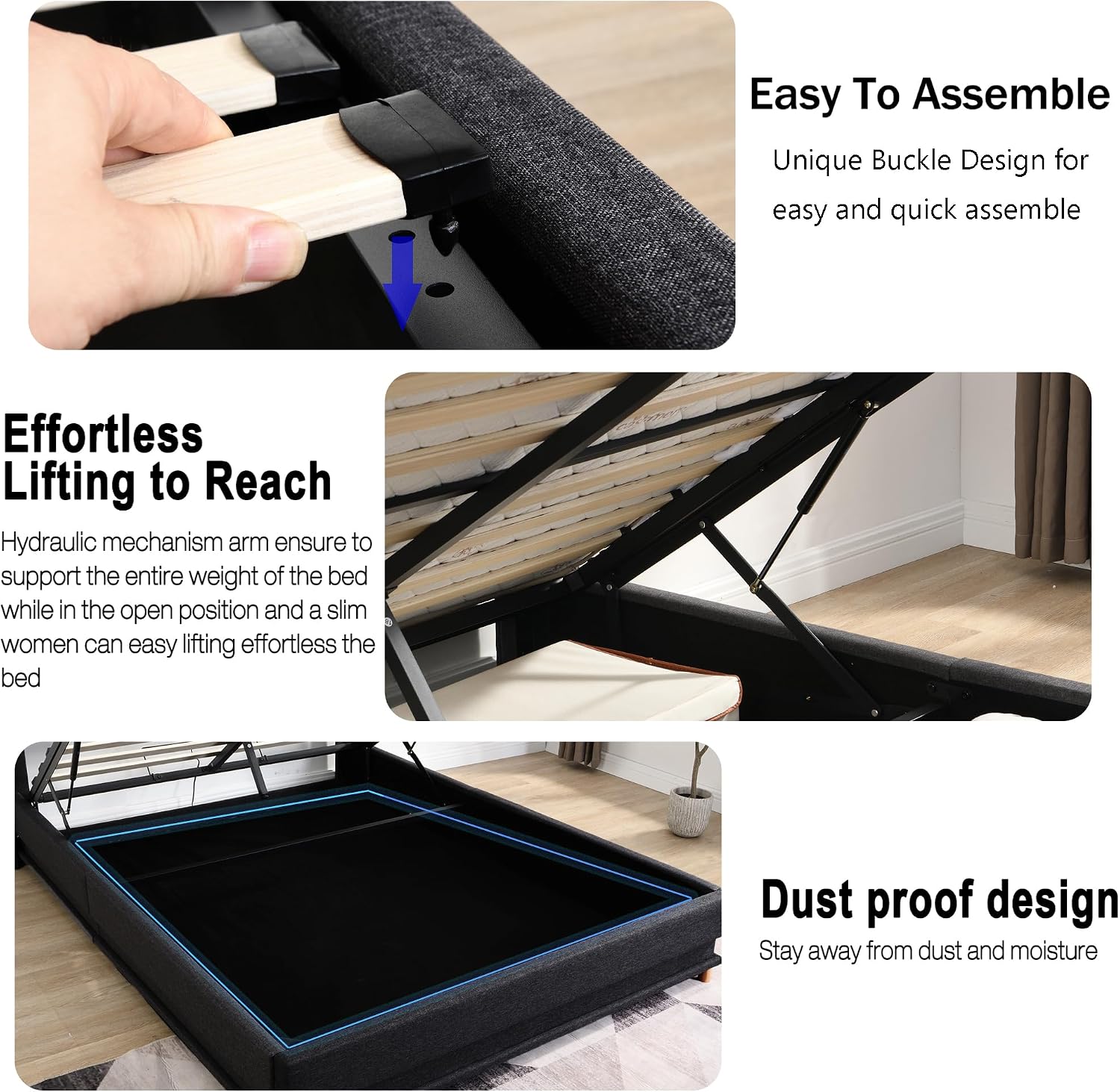 Ailisite Lift Up Storage Bed Full, Bed Frame Full Size with Charging Station & Led Lights, Upholstered Storage Bed with Wingback 2-Tier Bookcase Headboard, Hydraulic Lift, No Box Spring Needed,Black