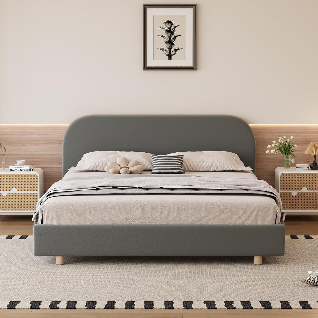 Luxurious Velvet Queen Size Upholstered Platform Bed, Modern Solid Bed Frame with Curve-Shaped Design and Thick Headboard for Bedroom, Easy 15-30 min Assembly,Grey