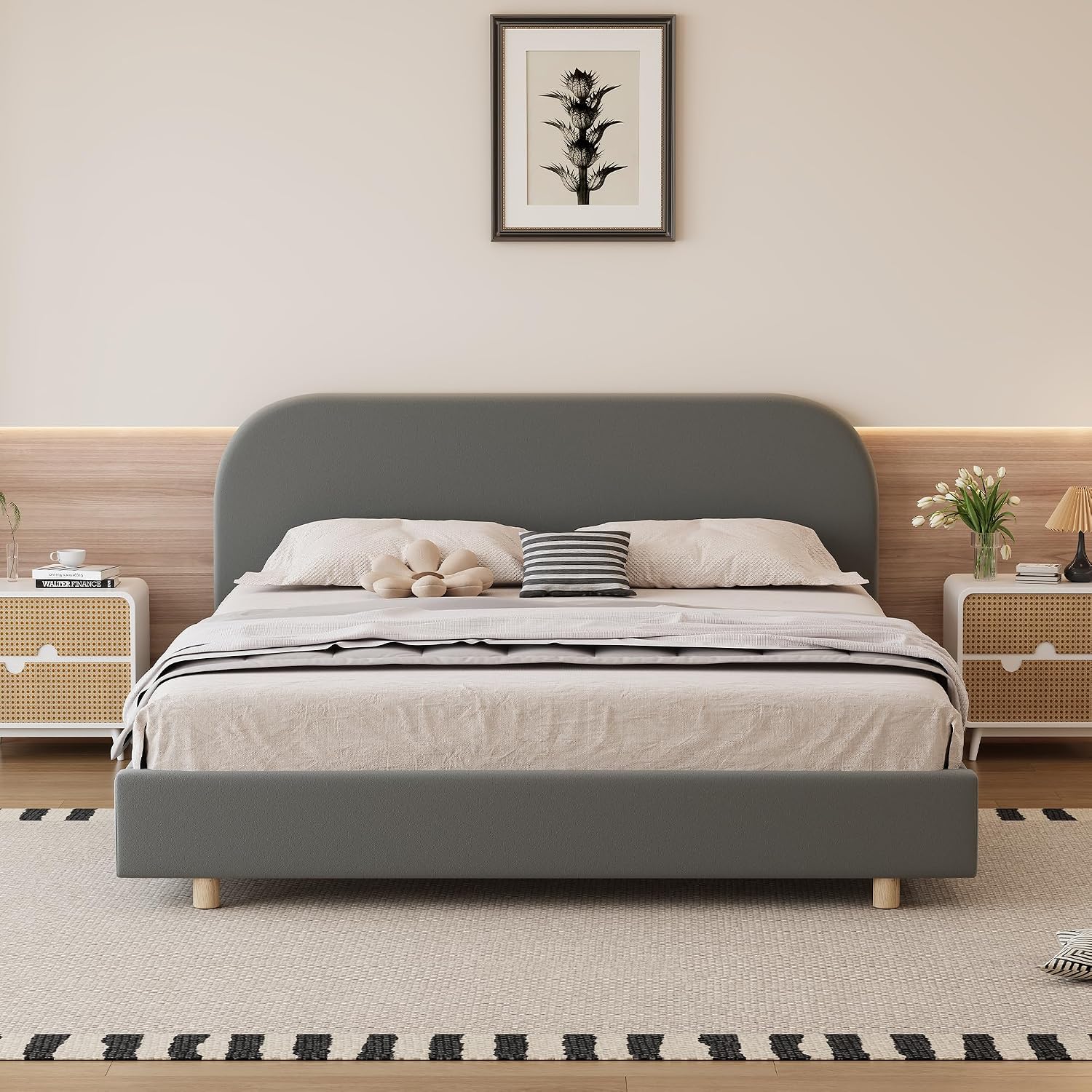 Luxurious Velvet Queen Size Upholstered Platform Bed, Modern Solid Bed Frame with Curve-Shaped Design and Thick Headboard for Bedroom, Easy 15-30 min Assembly,Grey