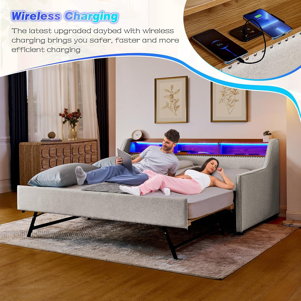 Twin Daybed w/Pop Up Trundle & Wireless Charger, Upholstered Sofa Day Bed Frame w/LED/USB/Type C/Storage Headboard, Twin to King Trundle Bed for Bedroom, Living Room, No Box Spring Needed, Beige
