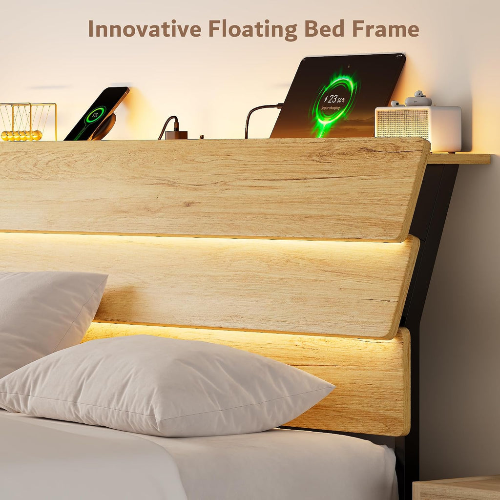iPormis Floating Full Size Metal Bed Frame with LED Lights & Charging Station, Platform Bed with Wooden Storage Headboard, Sturdy Steel Slats, No Box Spring Needed, Easy Assembly, Noise-Free, Oak