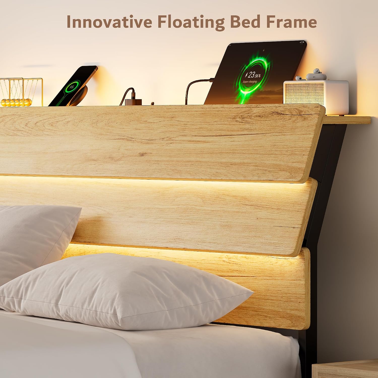 iPormis Floating Queen Metal Bed Frame with LED Lights & Charging Station, Platform Bed with Wooden Storage Headboard, Sturdy Steel Slats, No Box Spring Needed, Easy Assembly, Noise-Free, Oak
