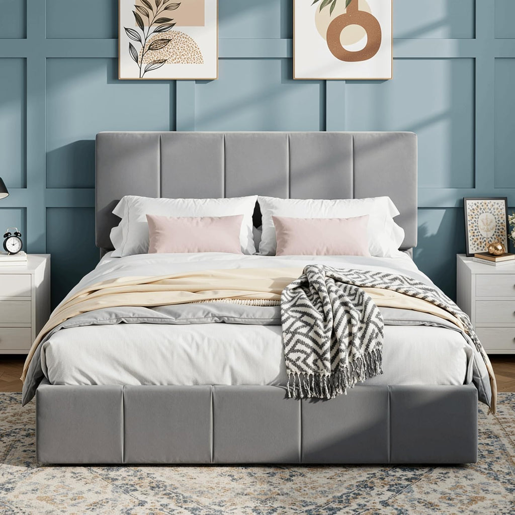 SHA CERLIN Full Size Bed Frame, Velvet Upholstered Platform Bed, Vertical Channel Tufted Adjustable Headboard, Low Profile Bed Frame, No Box Spring Needed, Easy Assembly, Grey
