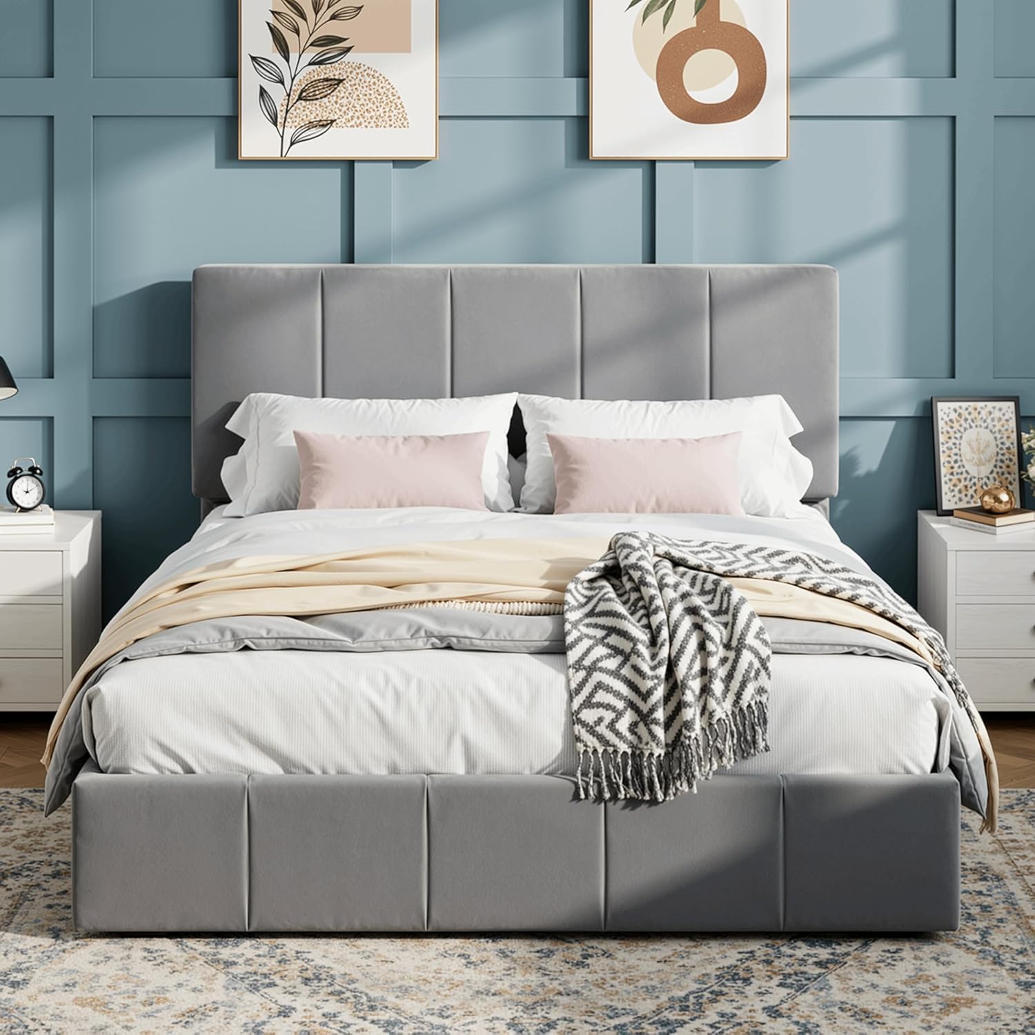 SHA CERLIN Full Size Bed Frame, Velvet Upholstered Platform Bed, Vertical Channel Tufted Adjustable Headboard, Low Profile Bed Frame, No Box Spring Needed, Easy Assembly, Grey