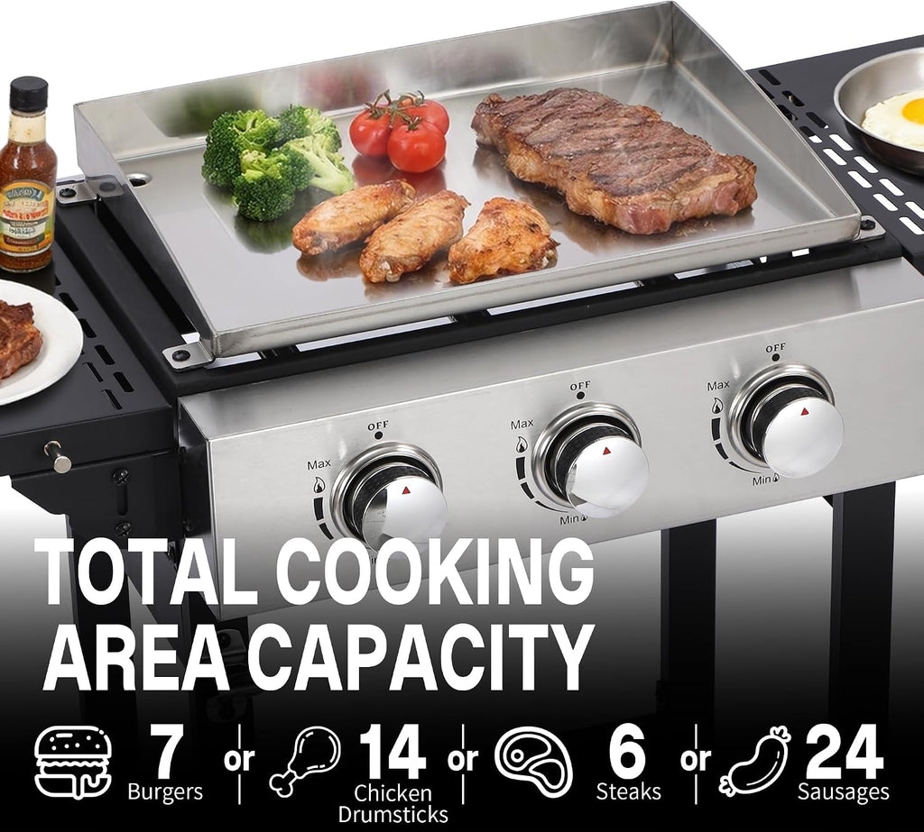 3-Burner Flat Top Grill with Folding Side Tables, Outdoor Griddle Grill with Storage Cover, 30,000 BTU Flat Grill with Stainless Steel Cooking Surface for BBQ, Camping, Tailgating