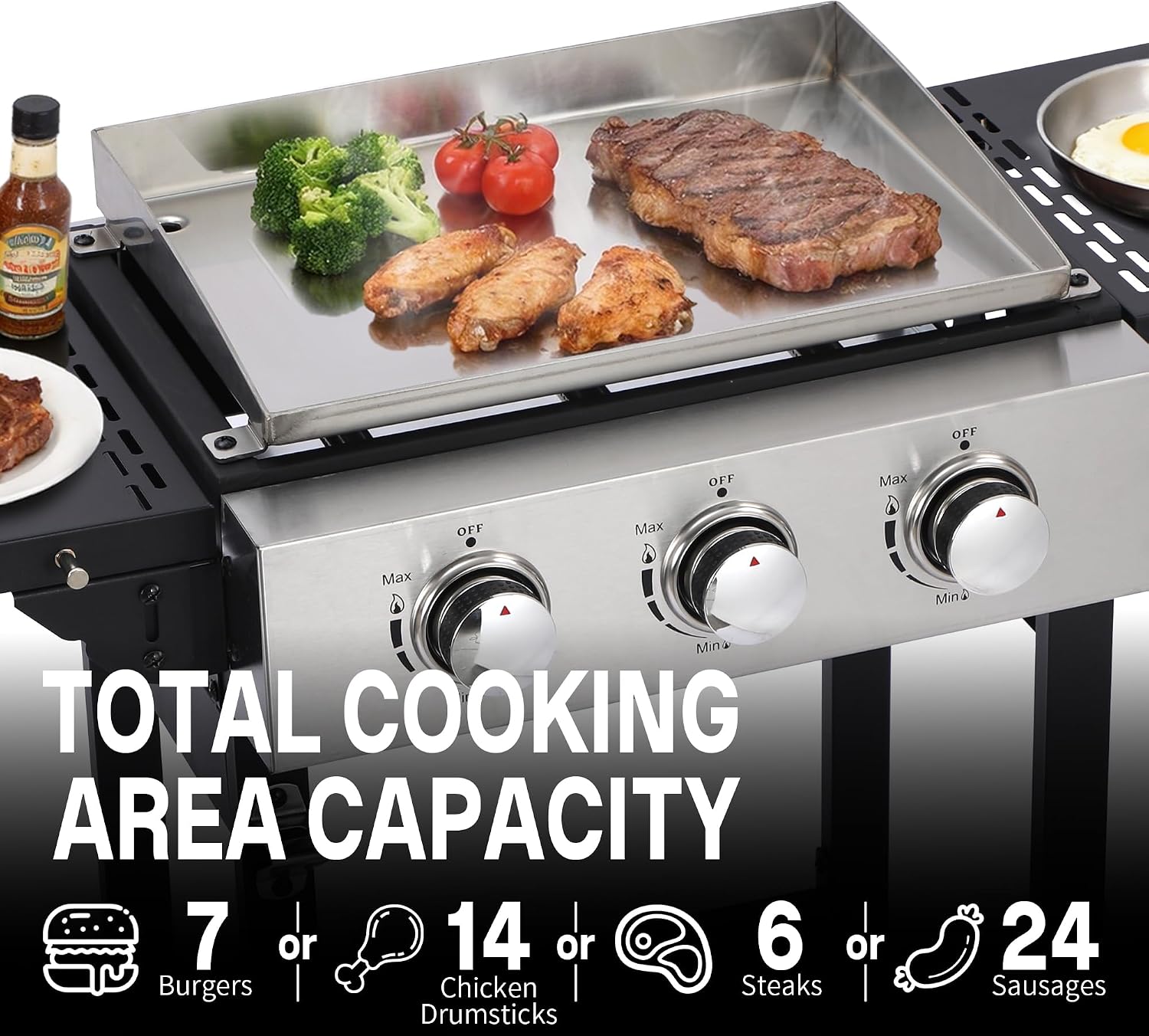 3-Burner Flat Top Grill with Folding Side Tables, Outdoor Griddle Grill with Storage Cover, 30,000 BTU Flat Grill with Stainless Steel Cooking Surface for BBQ, Camping, Tailgating