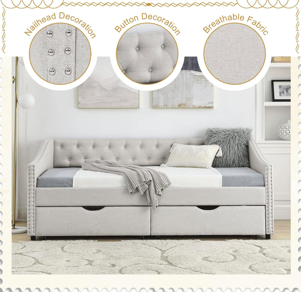 Wood Twin Daybed, Day Bed Frame with 2 Storage Drawers, Upholstered Twin Bed Frame Sofa Couch with Button and Nailhead Design for Bedroom Guest Room, No Box Spring Needed, Beige