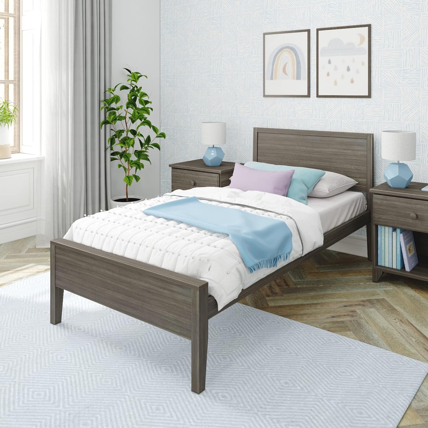 Max & Lily Twin Bed, Solid Wood Twin Bed Frame with Panel Headboard, Kids Twin Bed with Wood Slat Support, No Box Spring Needed, Clay