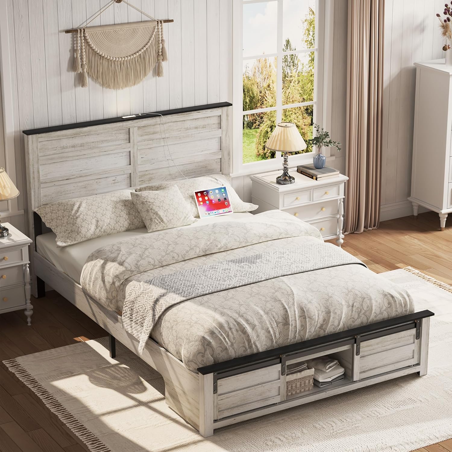 Wooden Bed Frame Full Size with Headboard & Sliding Barn Door Storage Footboard, Farmhouse Platform Bedframe with Charging Station and LED Lights, No Box Spring Needed, Boho White
