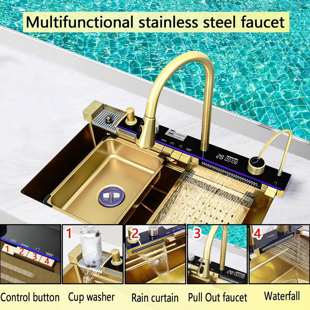 Kitchen sinks with multifunctional kitchen faucet, Gold stainless steel sink with cup washer, waterfall kitchen sink gray with complete accessory set (29.5'x18'x9', Gold)