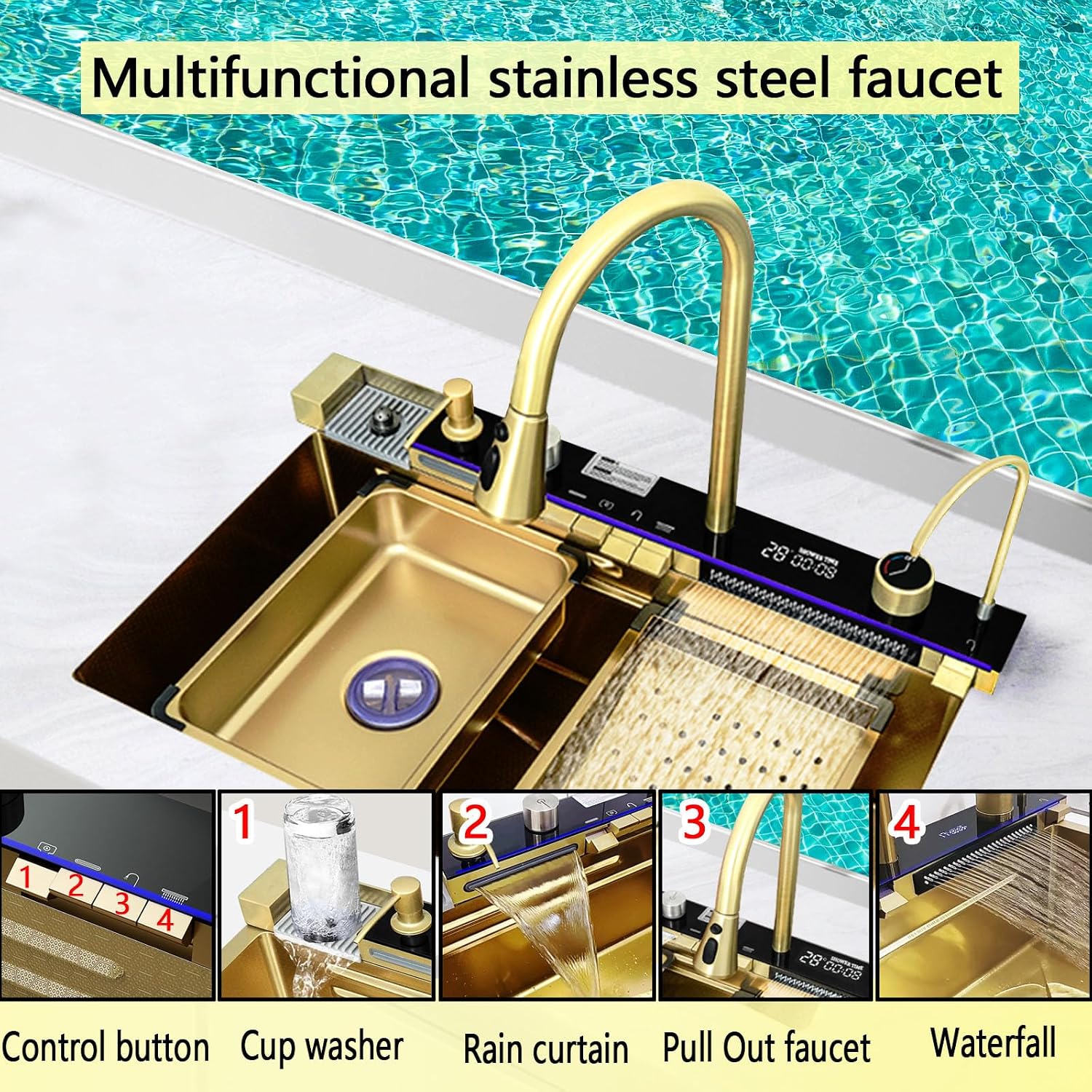 Kitchen sinks with multifunctional kitchen faucet, Gold stainless steel sink with cup washer, waterfall kitchen sink gray with complete accessory set (29.5'x18'x9', Gold)