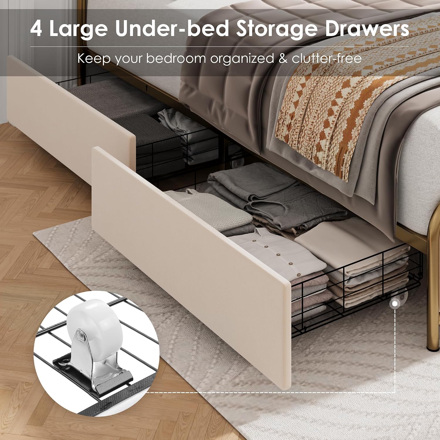HITHOS Upholstered Full Size Bed Frame with 4 Storage Drawers and Headboard, Heavy Duty Metal Mattress Foundation with Wooden Slats, Easy Assembly, No Box Spring Needed (Golden/Off White, Full)
