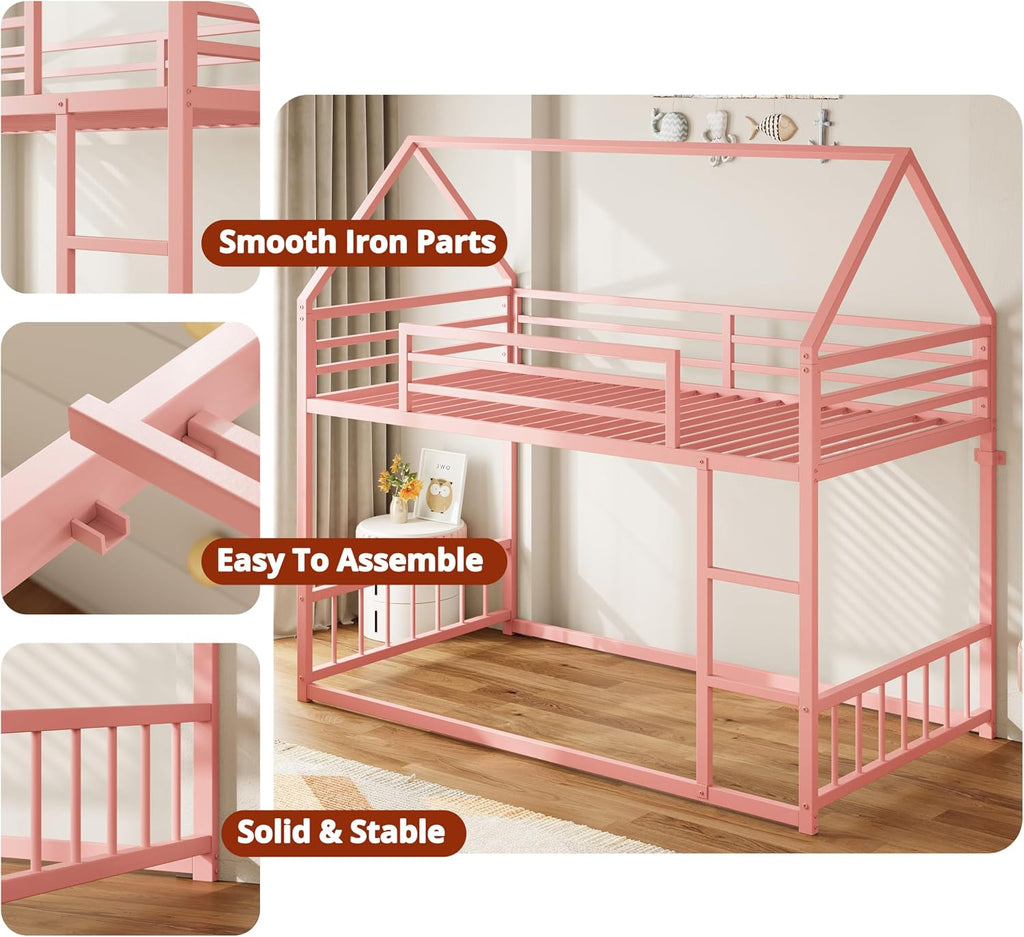 LIKIMIO Bunk Bed Twin Over Twin, House Bunk Bed Frame with Ladder and Guardrail, House Shaped with Metal Slats for Dormitory and Bedroom, Space Saving, No Box Spring Needed, Pink