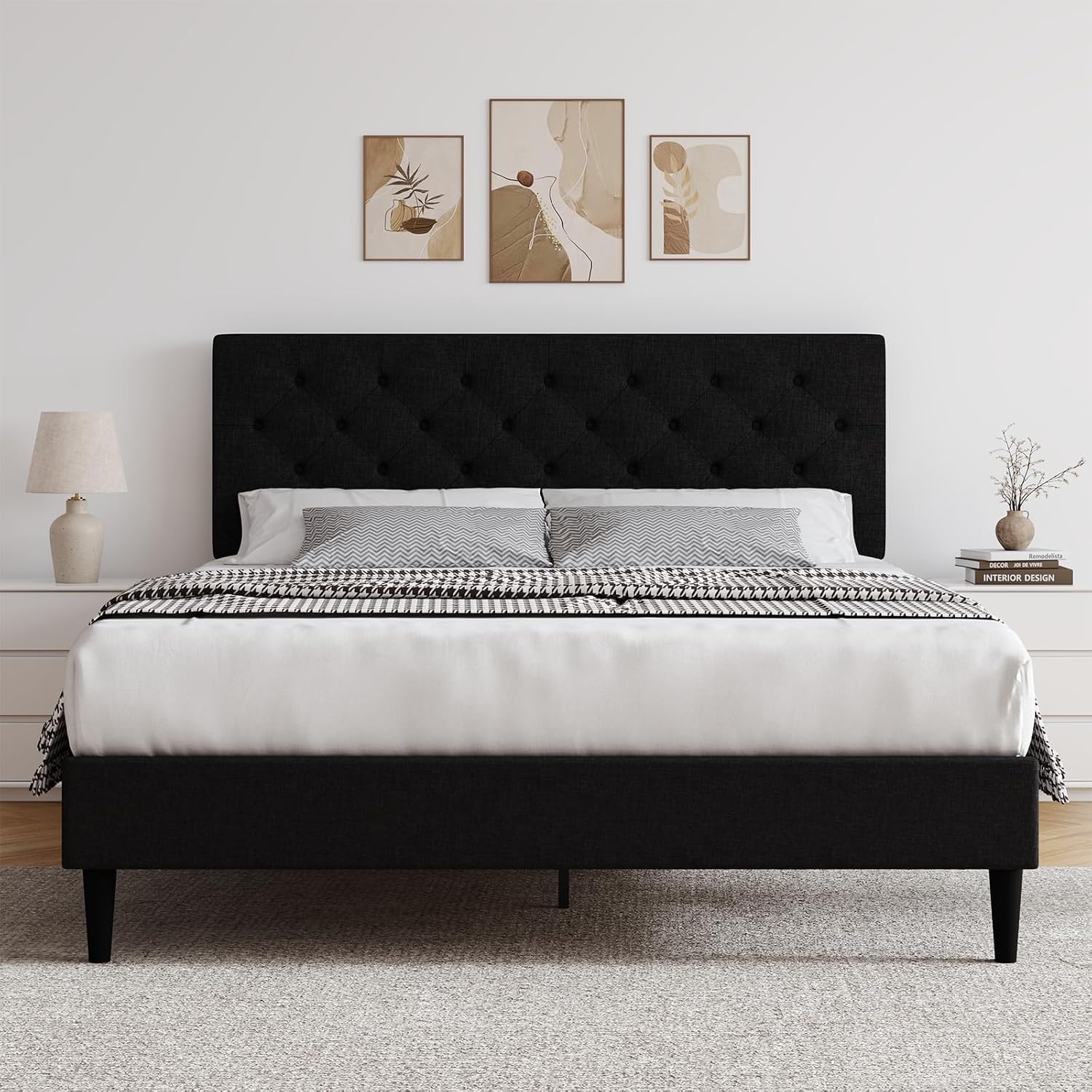 HOMBCK Queen Bed Frame, Linen Fabric Upholstered Platform Bed Frame, Button Tufted Bed Frame Queen Size, Wooden Slat Support, No Box Spring Needed, Easy Assembly, Black