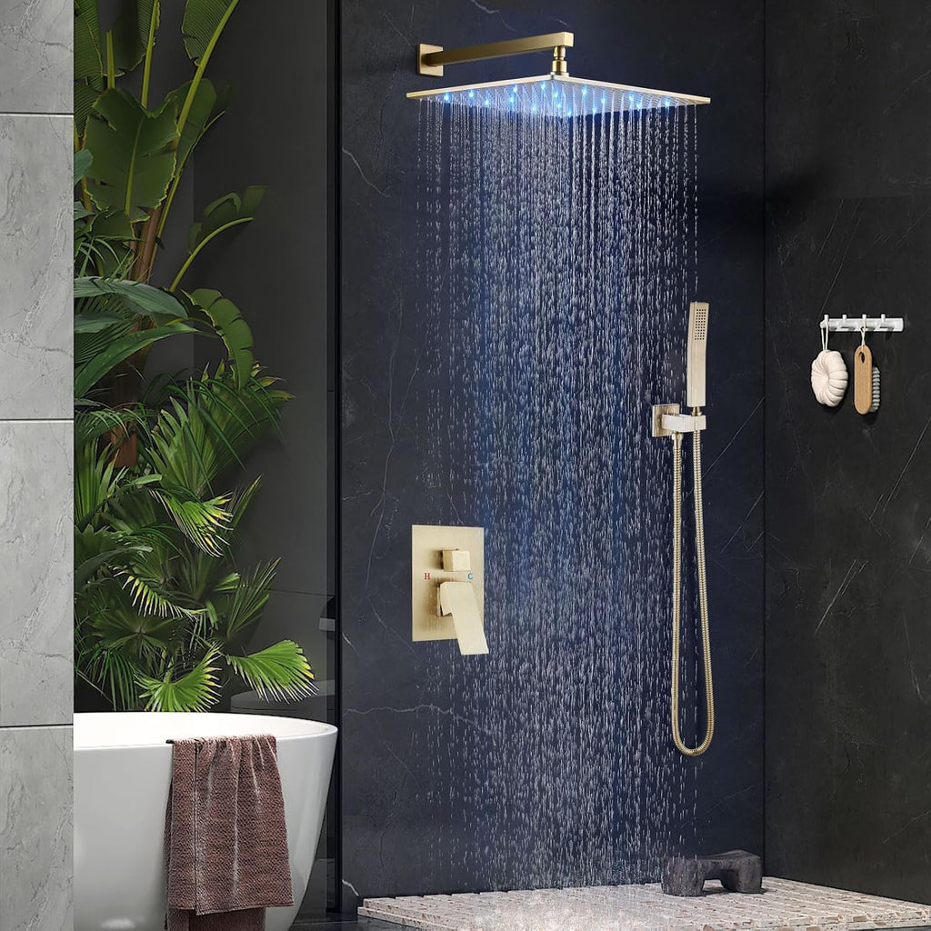 Aolemi Shower Faucet Set with Handheld Spray High Pressure Shower System Shower Faucets Sets Complete Rough-in Valve and Shower Trim Kit Wall Mount Rainfall 16 Inch LED Shower Head Brushed Gold