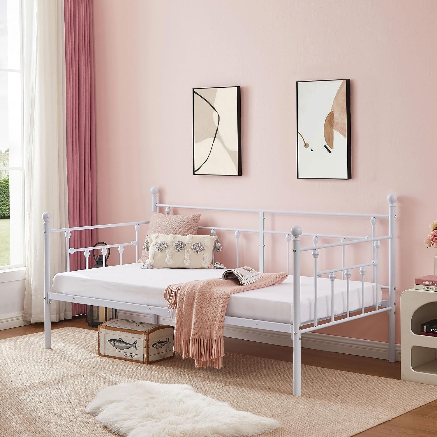 VECELO Daybed Frame, Twin Size Metal Platform Bed with Headboard,Heavy Duty Steel Slats Support for Living Room Bedroom Guest Room, Easy Assembly