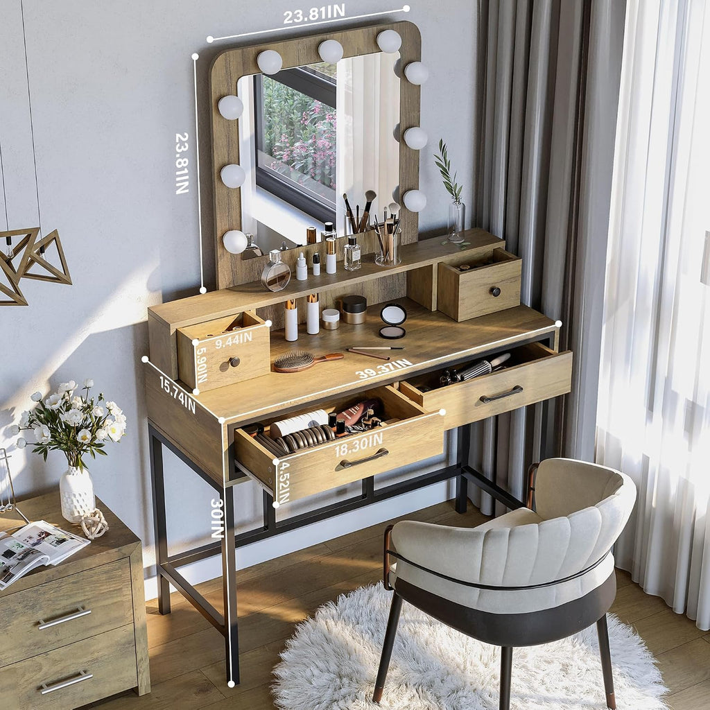 RoyalCraft Vanity Desk with Mirror and Lights, Makeup Vanity with 3 Color Dimmable Lighted Hollywood Mirror, Brown Makeup Table with 4 Drawers, Large Dressing Table for Women Girls
