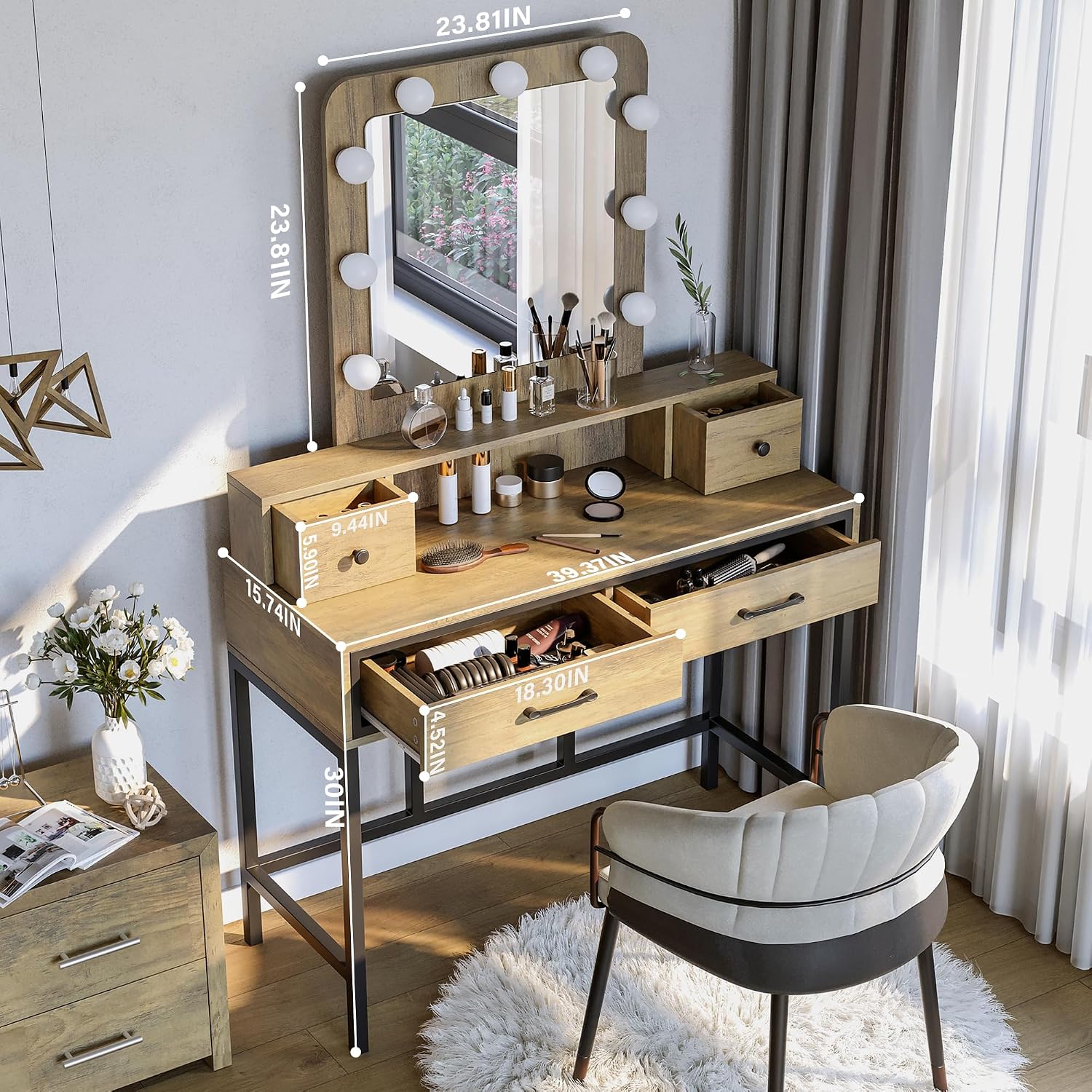 RoyalCraft Vanity Desk with Mirror and Lights, Makeup Vanity with 3 Color Dimmable Lighted Hollywood Mirror, Brown Makeup Table with 4 Drawers, Large Dressing Table for Women Girls