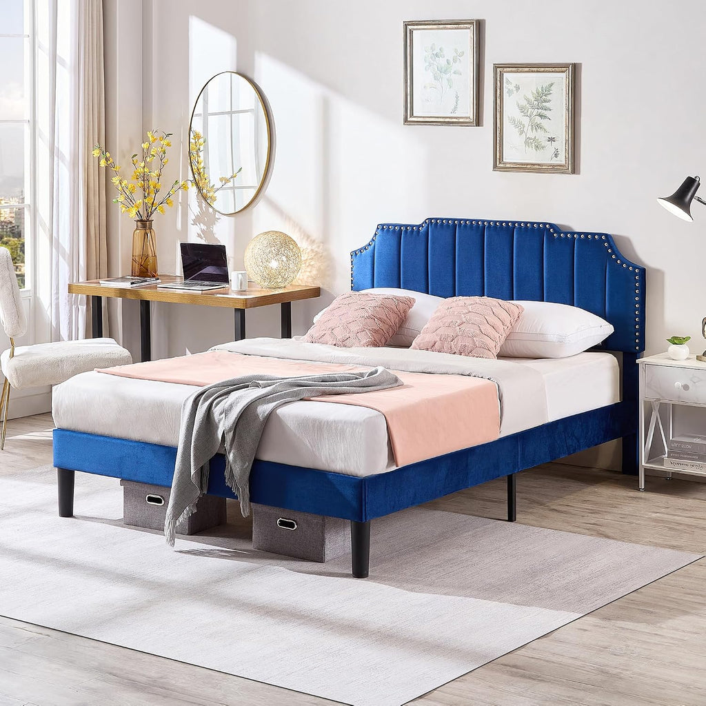 VECELO Full Upholstered Platform Bed Frame with Tufted Adjustable Headboard/Mattress Foundation/Wood Slat Support,Easy Assembly,Navy Blue