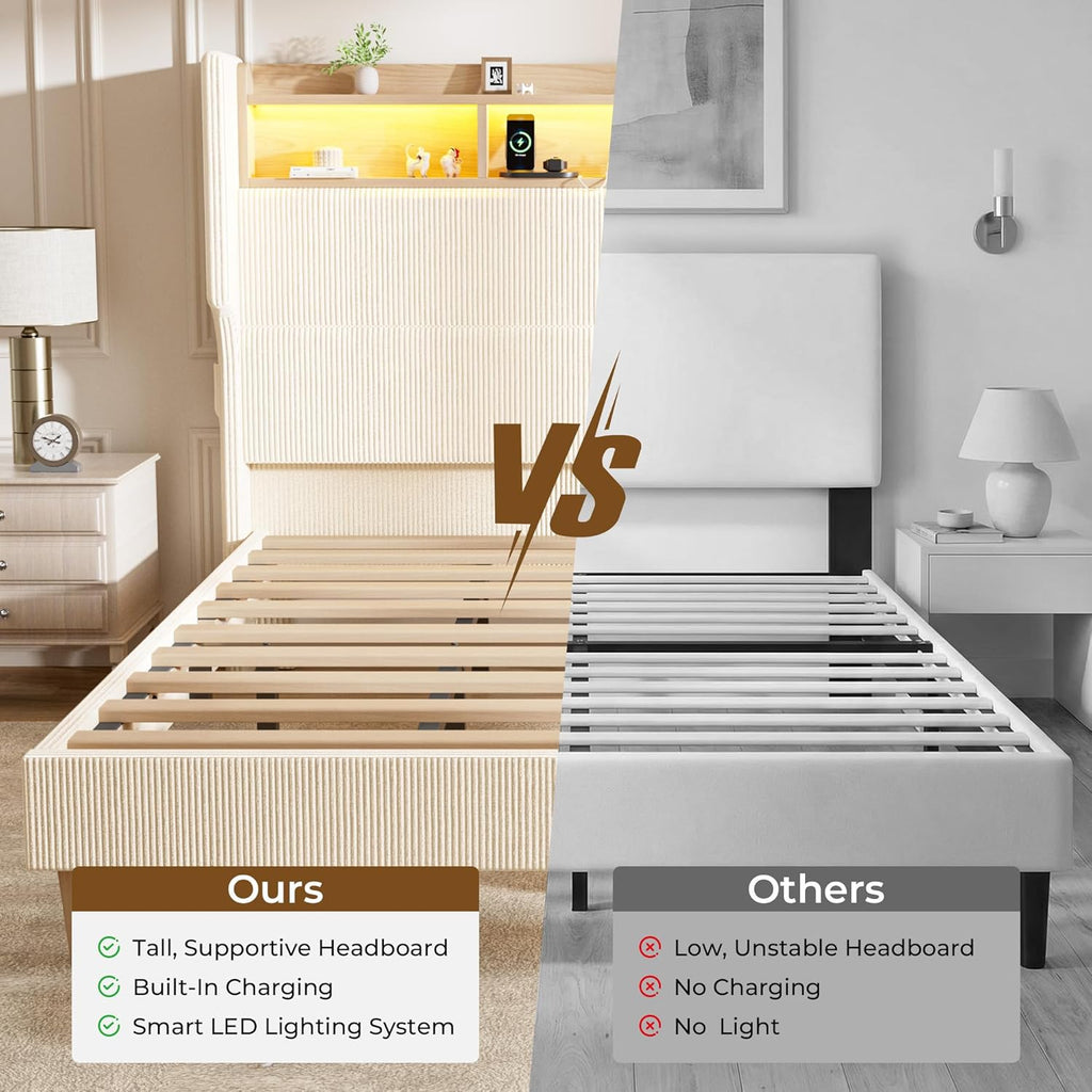 HOMRELEXA King Size Bed Frame with 51' Tall Headboard, LED Lights & Charging Station, Corduroy Upholstered Platform Bed with Storage Shelf, No Box Spring Needed, Cream